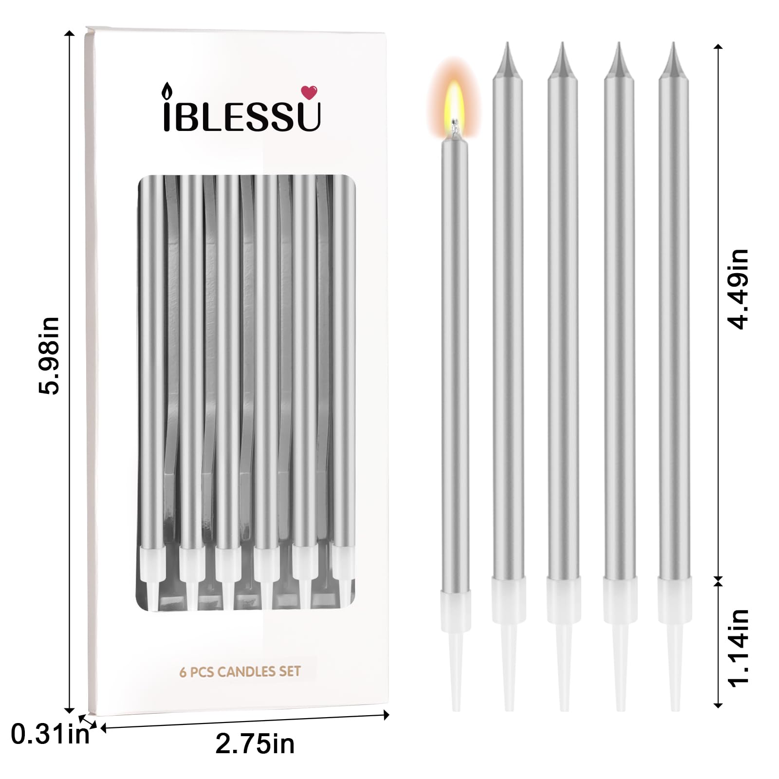 48 velas de cumpleaños largas y delgadas para pastel, velas de magdalena, en soportes para cumpleaños, aniversario, boda, decoración de fiestas, niños y adultos (plata)