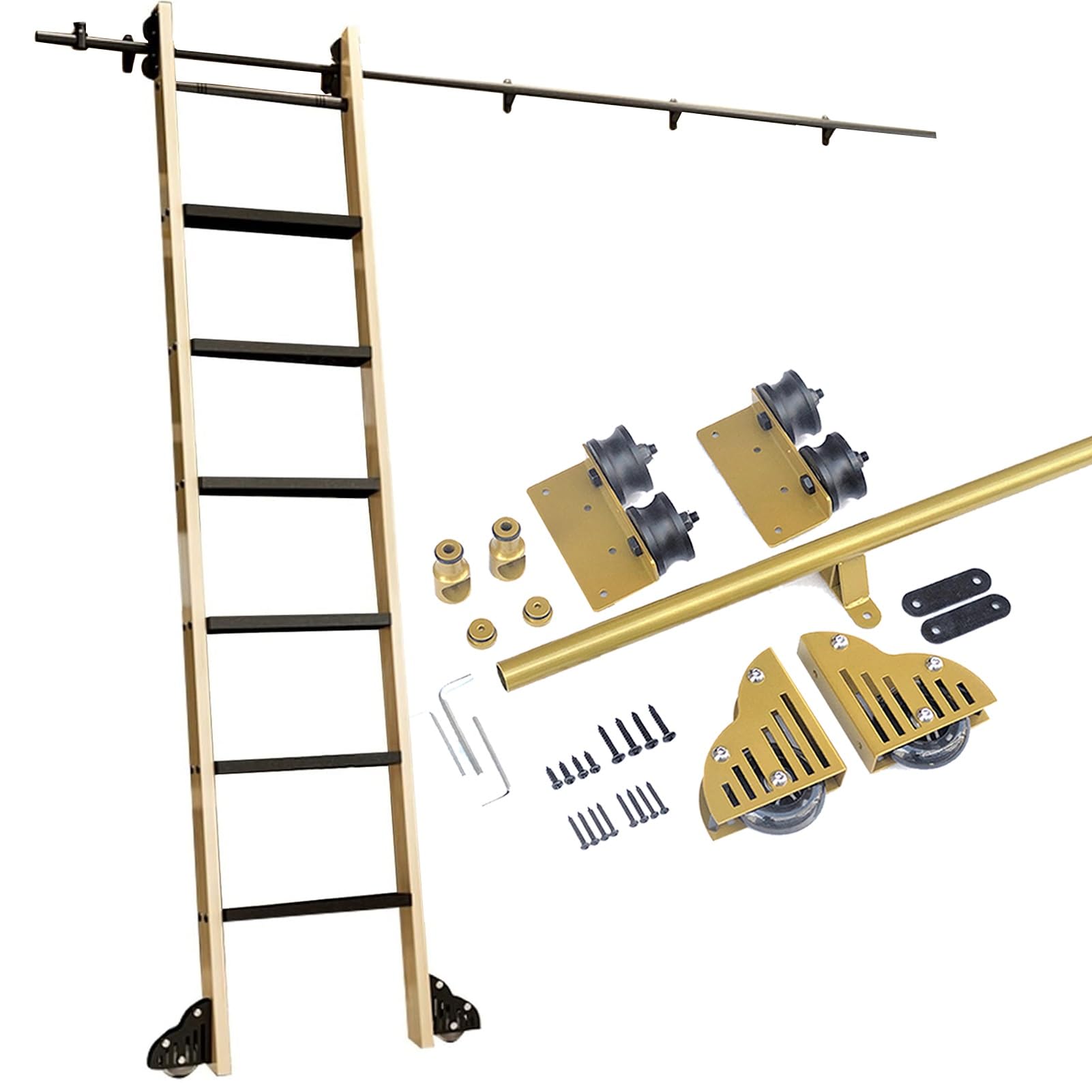 Kit d'échelle mobile de 1 m à 7,3 m, matériel d'échelle de bibliothèque avec système de rouleau coulissant, tube rond doré et roues de sol, longueur réglable 100 cm