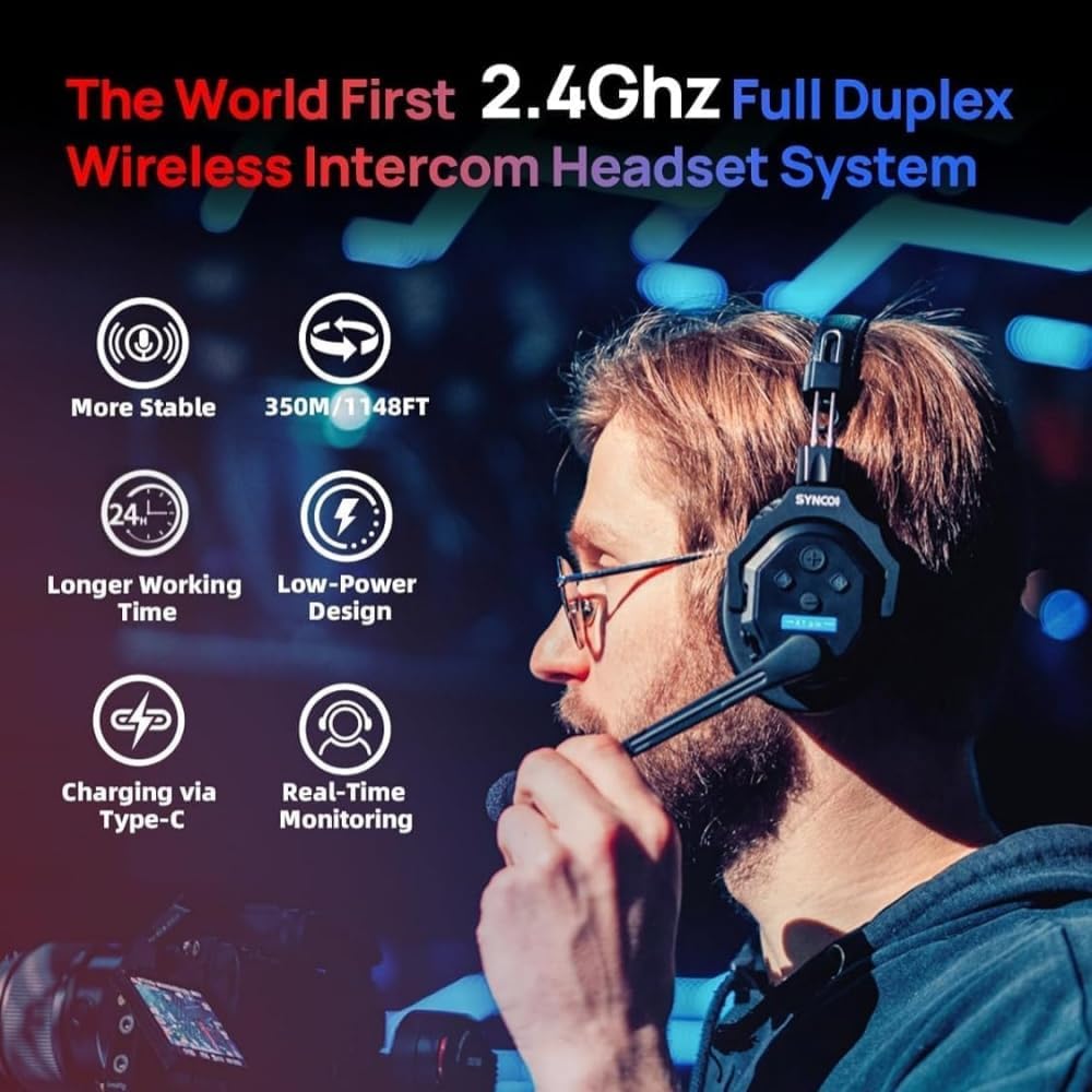 SYNCO XTALK X2 Wireless Headset Intercom System 2.4GHz 400 Meters Noise Cancellation Communication Headset for 2 Persons Live Streaming Movie Shoot Team Communication