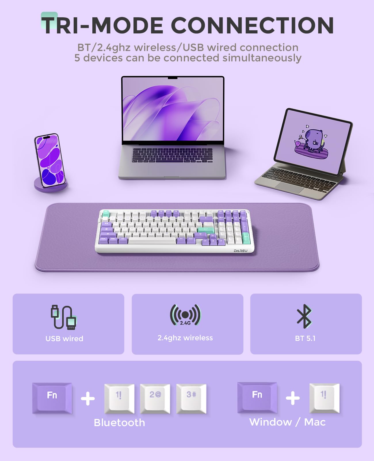 Amazon.com: DAREU EK98PRO Purple Wireless Mechanical Gaming
