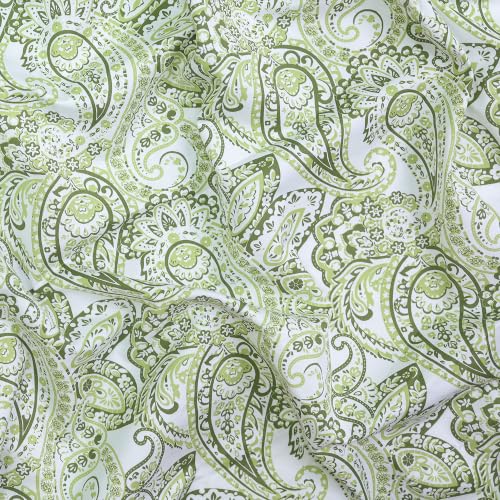 Image of Feather & Stitch Printed 500 TC King Size 4pc Damask Bed Sheet Set, 100% Soft Cotton Breathable Bedsheets, 18 inch Deep Pockets Sateen Weave Bedding Mattress Hotel Luxury Decor - Olive Green Paisley