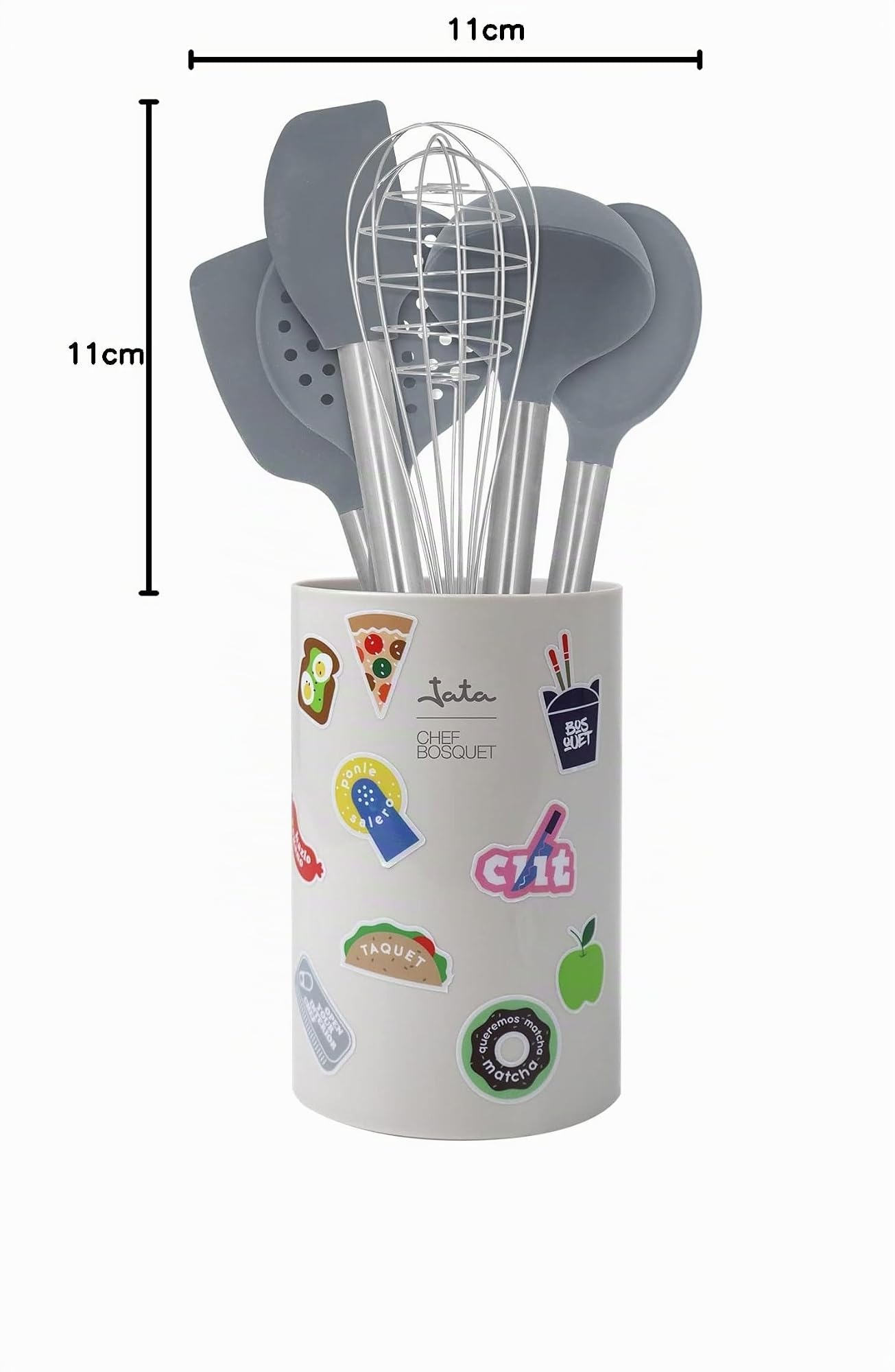 Jata HACC5460 - Utensilios de Cocina de Silicona y Acero Inoxidable del Chef Bosquet con Soporte para guardar, 6 Utensilios: Batidor, Lengua, Cucharón, Pala, Cazo y Espumadera, Antiadherentes