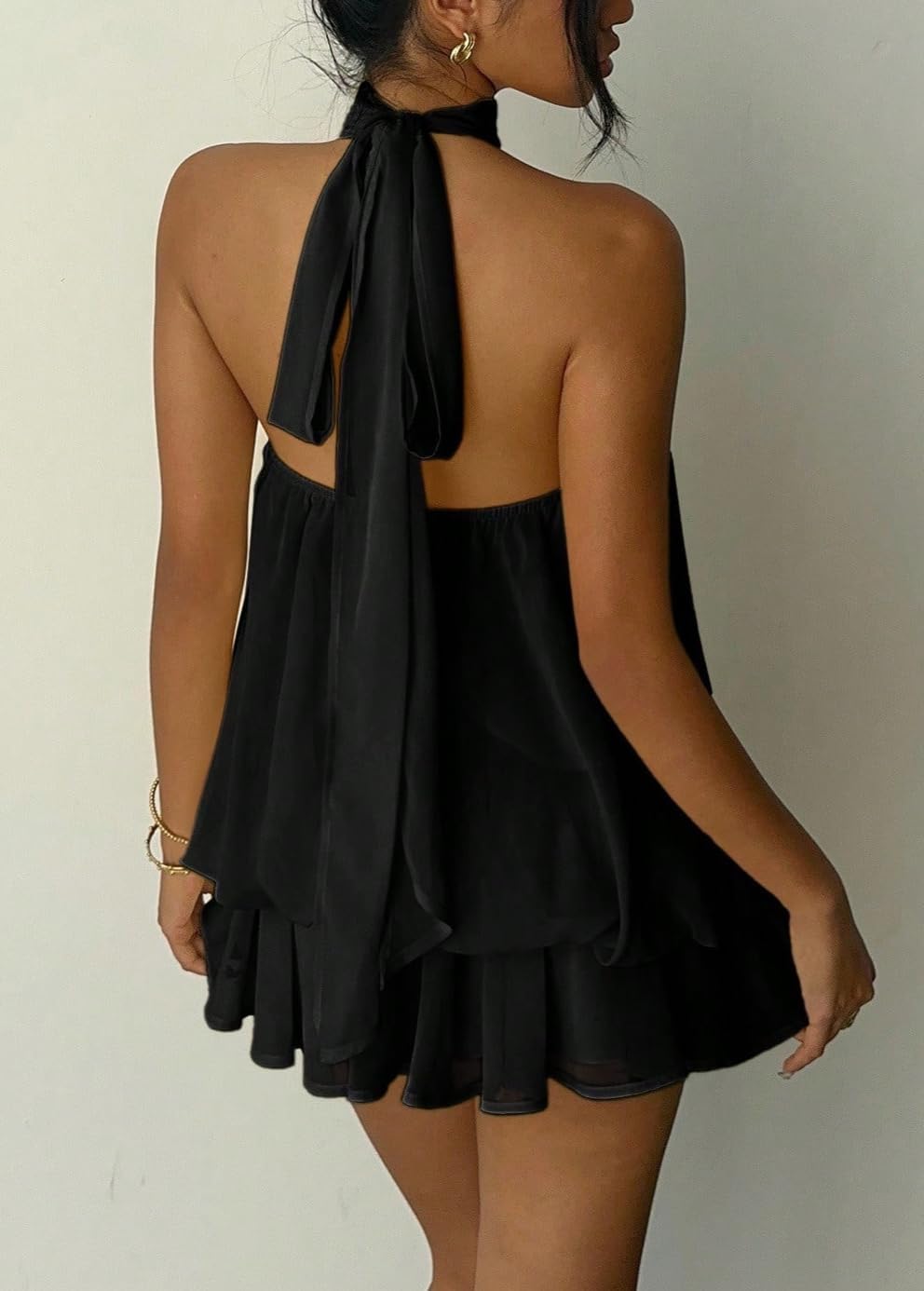 Women's Summer Halter Mini Dress Chiffon Ruffle Flowy Backless Wedding Guest Dresses Y2k Going Out Cocktail Outfits