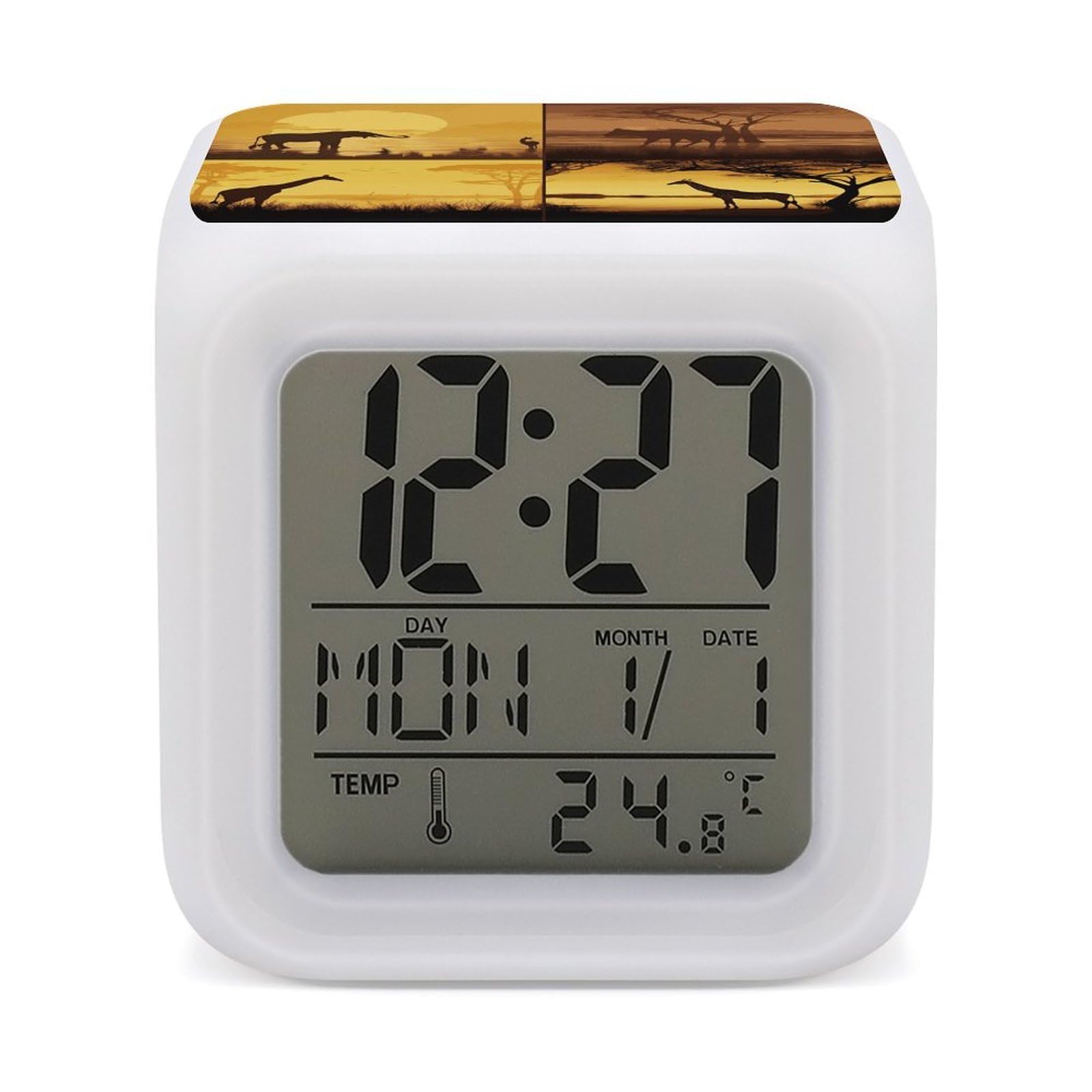 VstaDank African Grassland Animals Alarm Clock with 7 Color Changing Night Light Date Temp Display Wake Clocks LED Display Digital Clock Electric Desk Clocks for Living Office Bedroom Decor