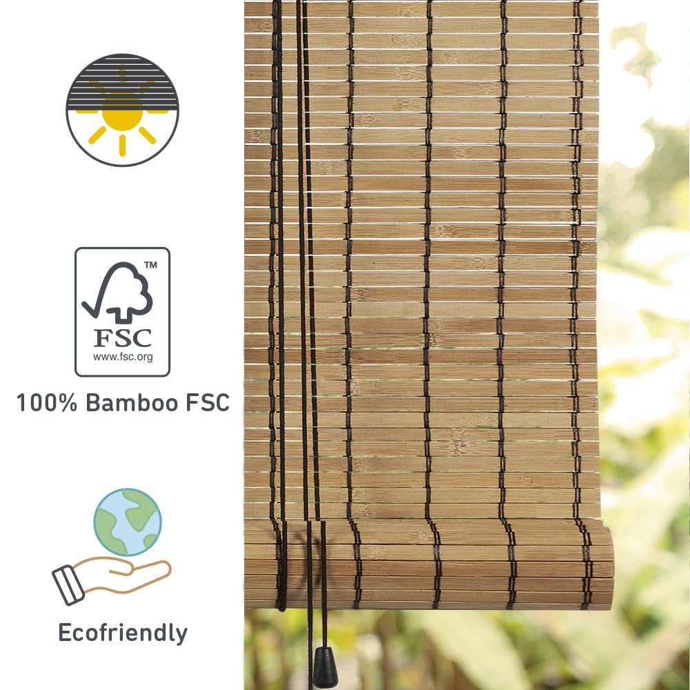 Store Bambou Intérieur Lames 8 mm STORESDECO Store Enrouleur Naturel Style Persienne pour Fenêtres et Portes Intimité Protection Solaire Finition Mate Naturel 120x250 cm (Largeur x Hauteur)