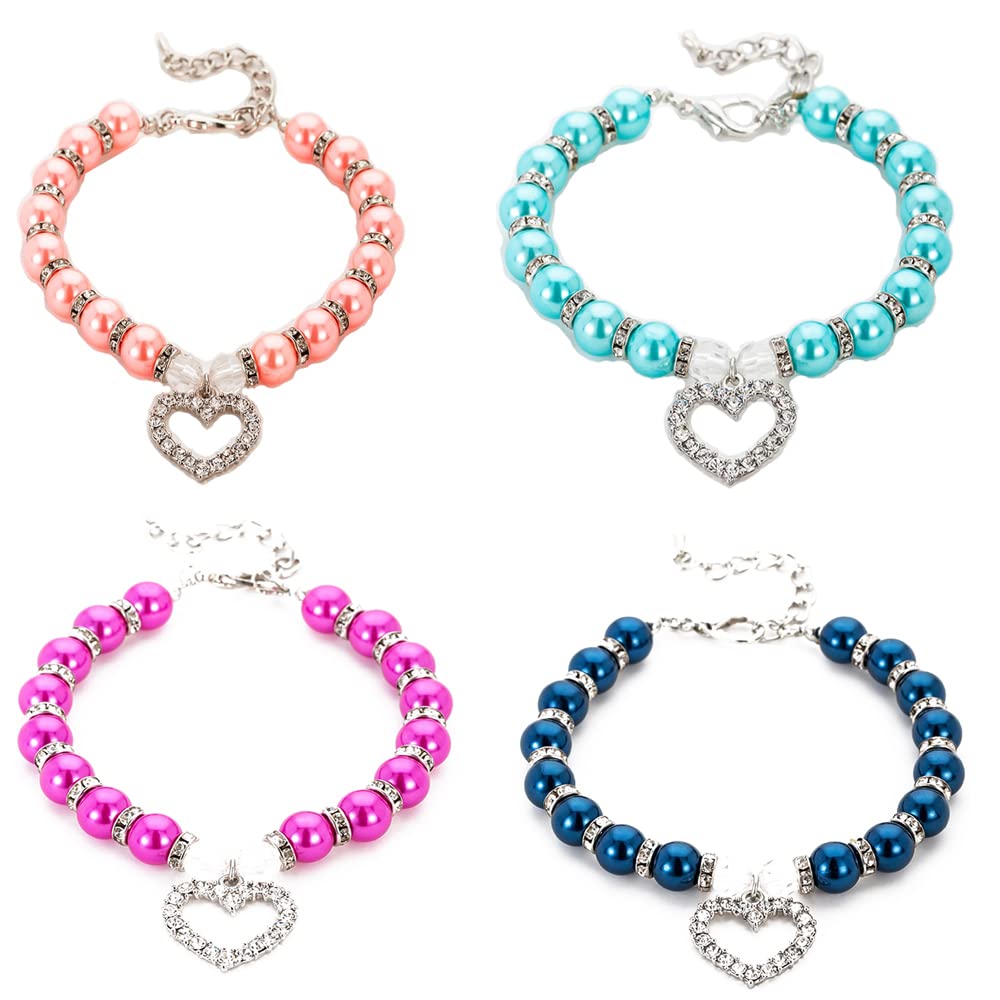 LtuzPet 4PCS Adjustable Dog Pearls Necklace with Heart Pendant Cat Diamond Jewelry Collar for Small Dogs Cats