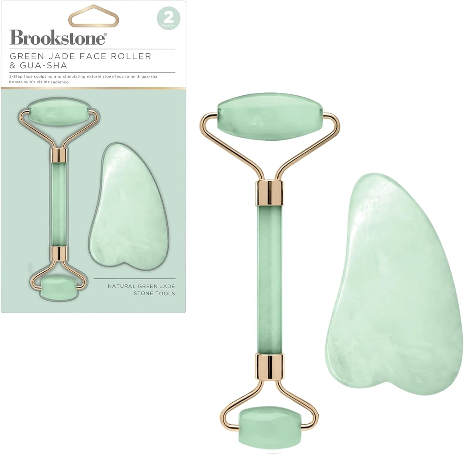 Brookstone Face Skin Care Roller: Dual-Sided Premium Rose Quartz Face Roller Massager – Skin Care Tool for Facial Massage, Gua Sha, Relaxation, Anti Age Jade Roller – Lymphatic Drain Massage (Green)