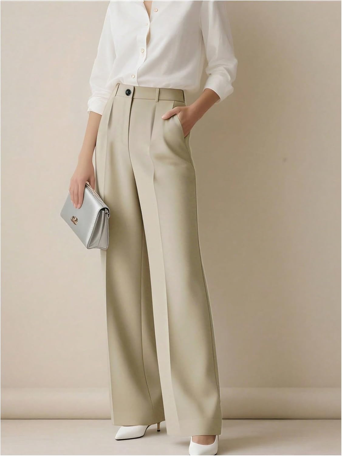 Women's High Waisted Dress Pants Business Work Wide Leg Dressy Casual Trousers with Pockets - Image 3