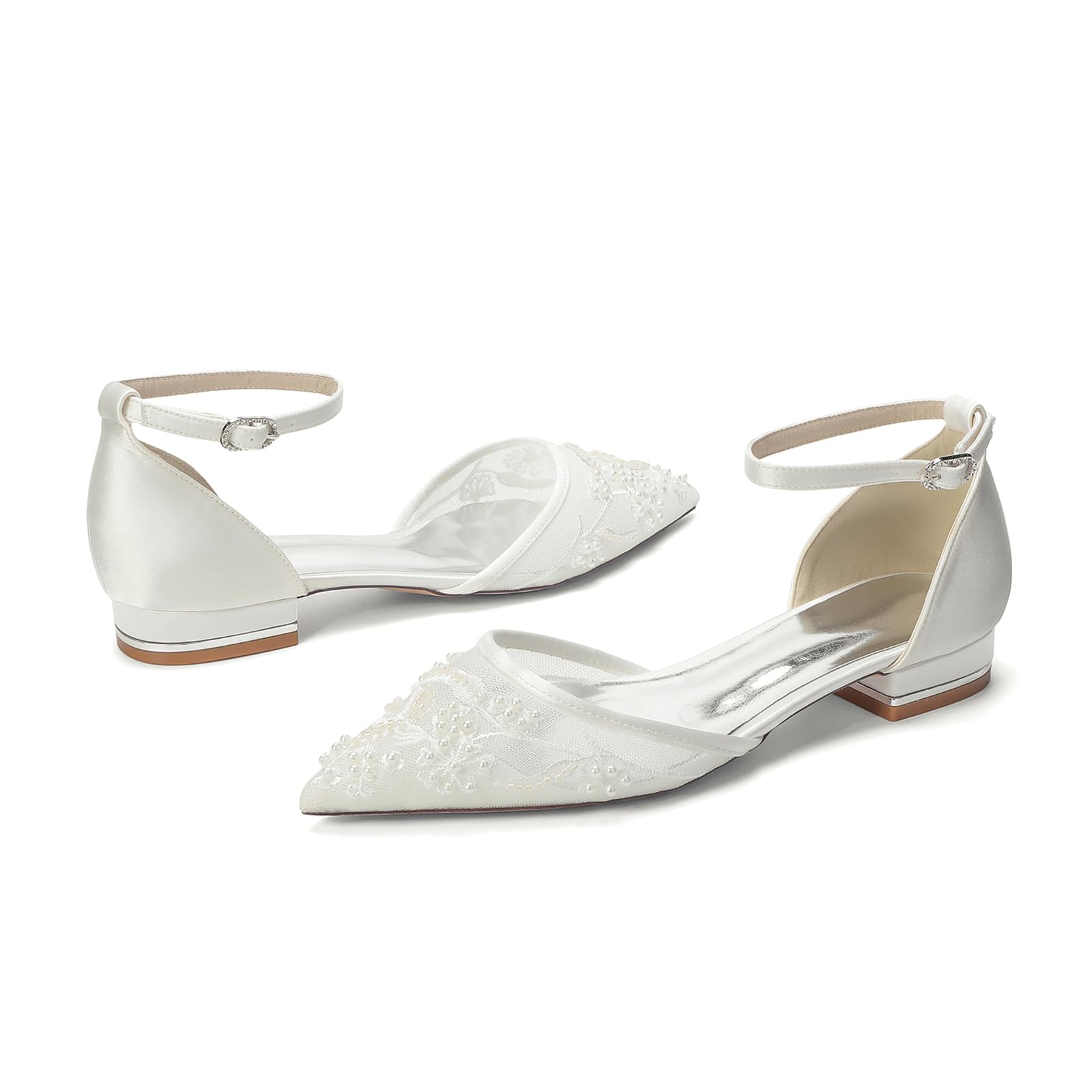 Eleganckie buty dla panny młodej, płaski obcas 2,5 cm, biała siatka, koraliki, koronka, pasek na kostkę, dla panny młodej
