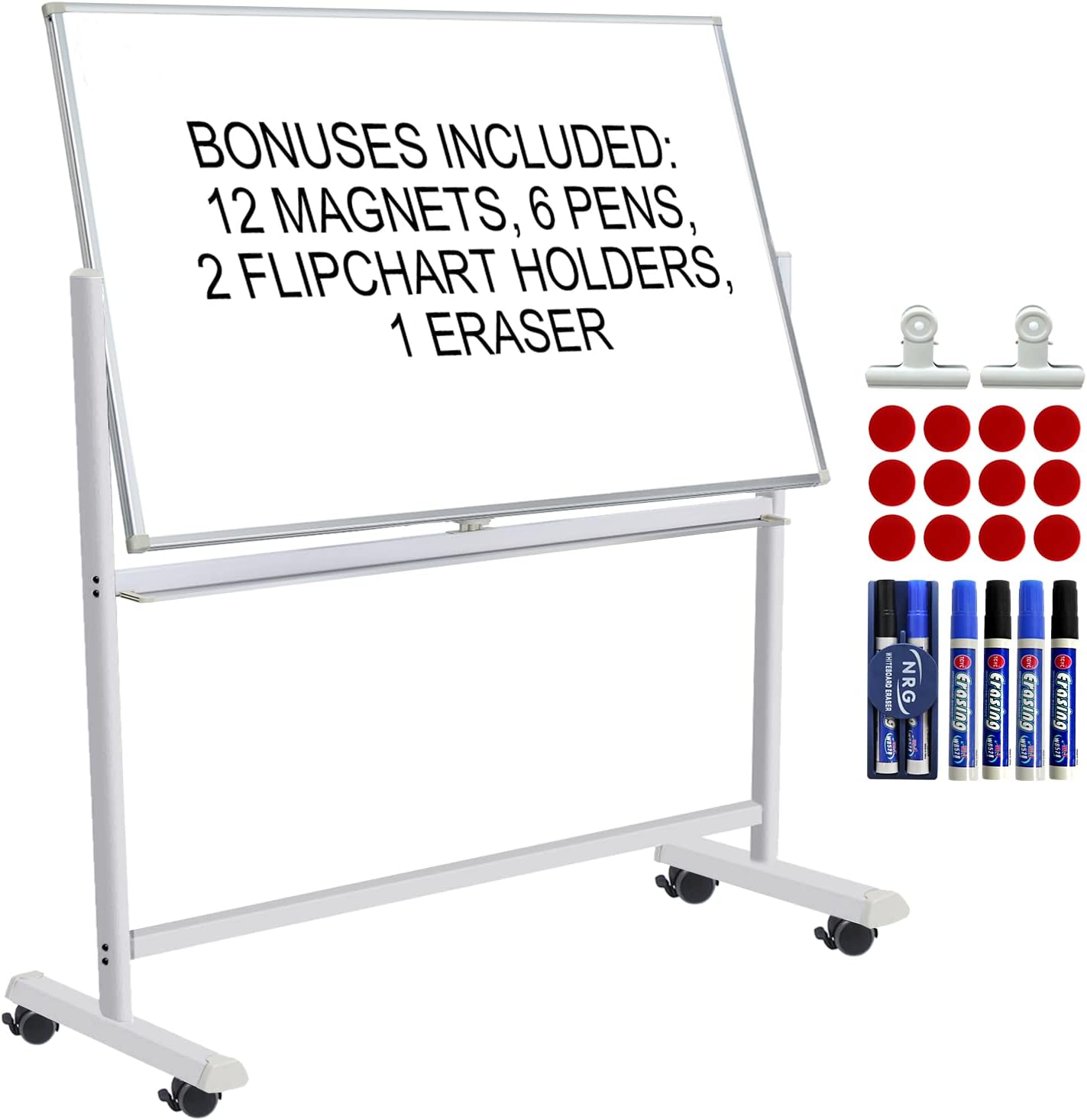 Mobile Whiteboard with Stand - 60x40 Double Sided Dry Erase Board with Stand, Large White Board on Wheels for Office, Rolling Magnetic Whiteboard with Pen Tray for Meeting, Training by CALENBO
