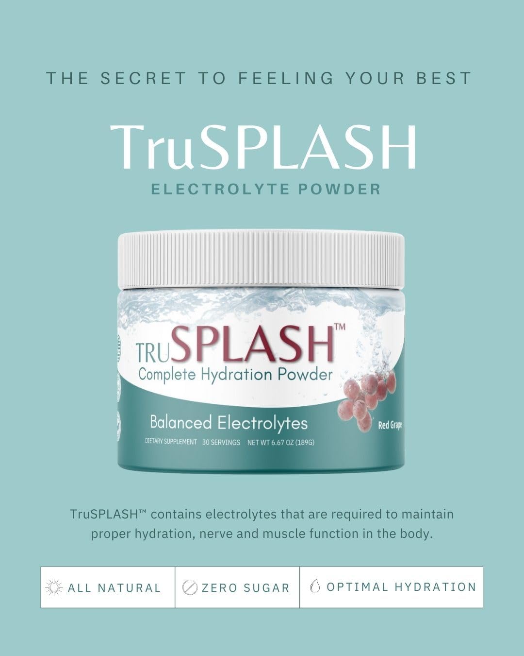 TruSPLASH Complete Hydration Electrolyte Powder (Natural Berry) - 30 Servings