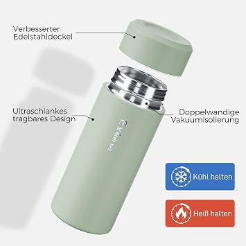 【Upgrade-Version】Exllena Mini Thermosflasche 250ml mit Edelstahl-Deckel Trinkflasche Klein Doppelwandige Vakuum–Ultra-Kompakt 100% Auslaufsicher 8-12 Stunden Temperaturhalt (Mintgrün)