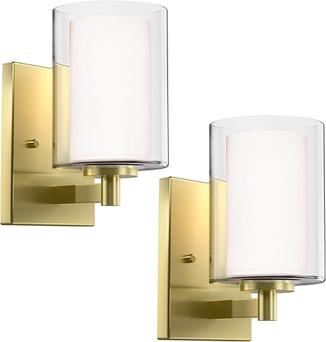 Kalium Juego de dos apliques de pared dorados de doble pantalla de vidrio transparente, luces modernas de tocador para interiores, casa de campo,