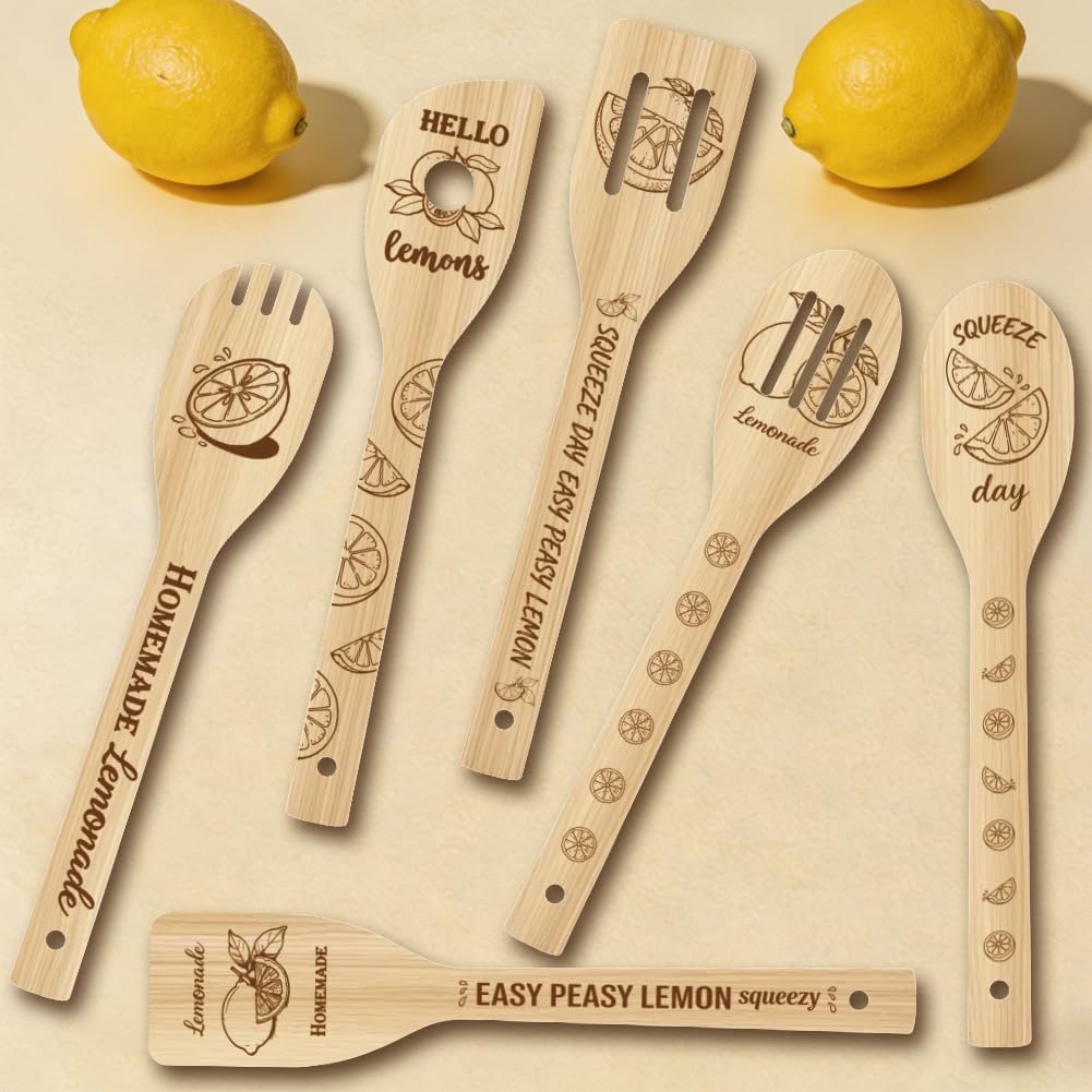 6Pcs 6 Styles Lemon Cooking Utensils Set for Kitchen 2.4 x 11.8 Inch, Bamboo Cooking Spoon Fruit Theme Durable Wooden Kitchen Spatula for Housewarming Wedding Thanksgiving Birthday Gift Use image 4