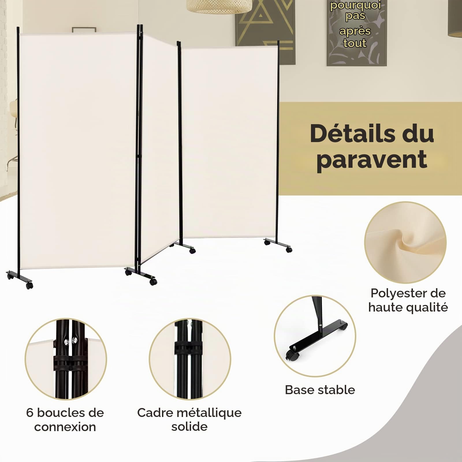 FANTASK Paravent à roulettes en Tissu - Paravent Pliable en 3 Parties - Brise-Vue pour Plus de flexibilité et d'intimité - Beige