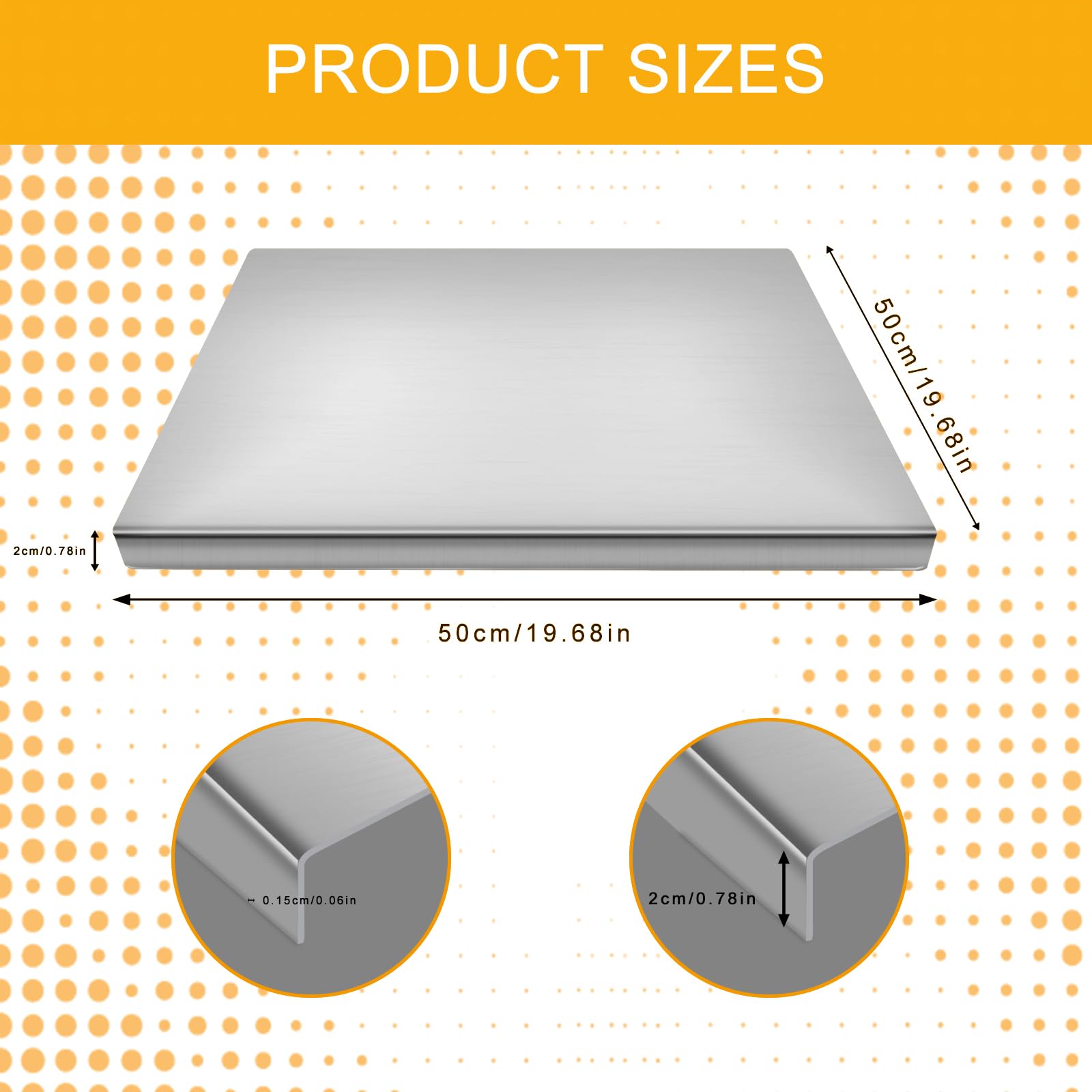 Tabla de cortar de acero inoxidable para encimera, tabla de cortar pesada, antideslizante y sólida, adecuada para amasar masa de pizza para carne y verduras (50 cm x 50 cm)