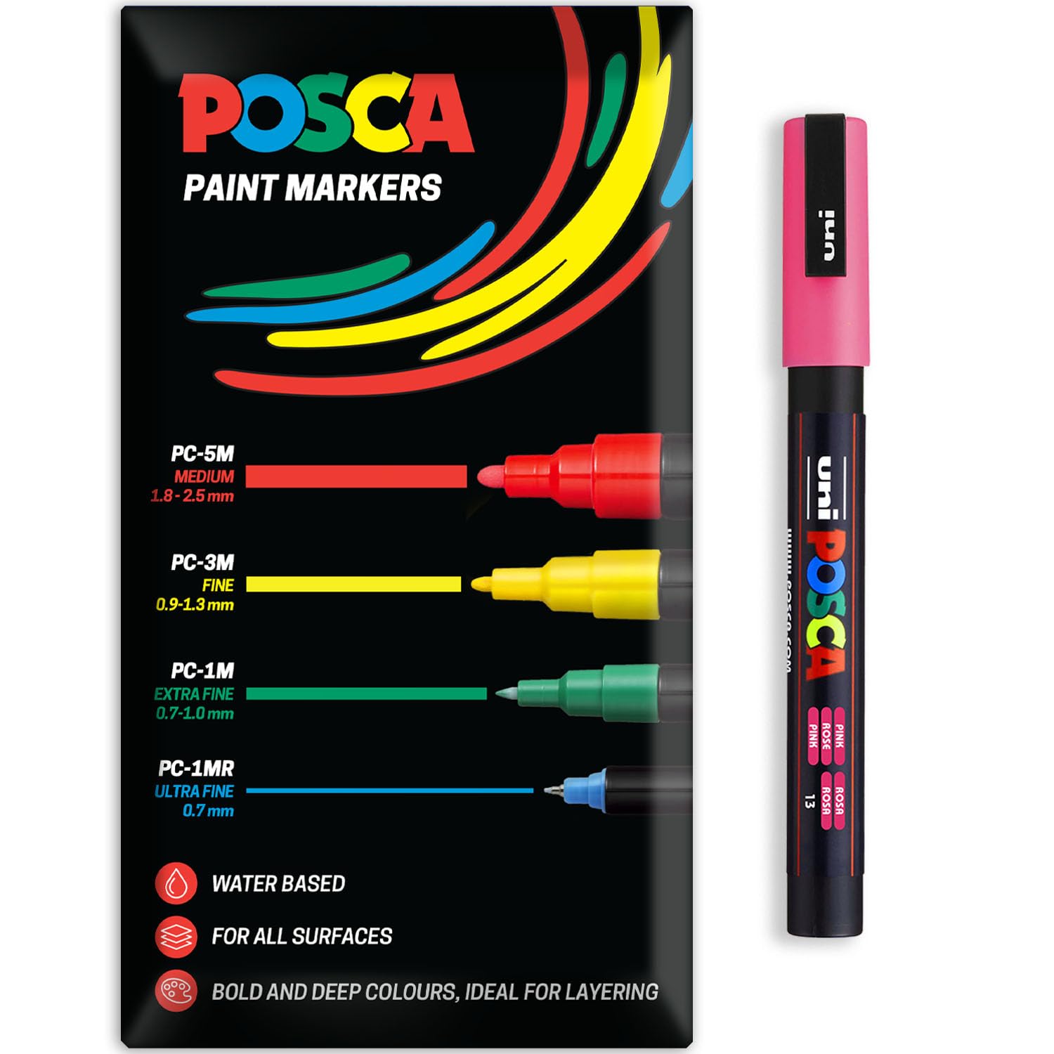 Posca Water Based Acrylic Paint Marker Pens | Multi Surface Use Permanent Paint Pen | Pack of 1 in Envelope Gift Packaging | Glass, Fabric, Canvas, Wood etc | PC-3M, Pink