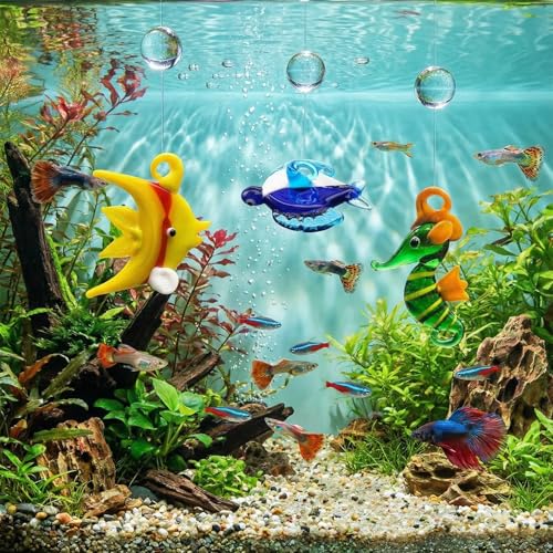 Image of Hand Blown Glass Fish Figurines with Floats, Set of 3 Small Tropical Sea Animal Decor (B)