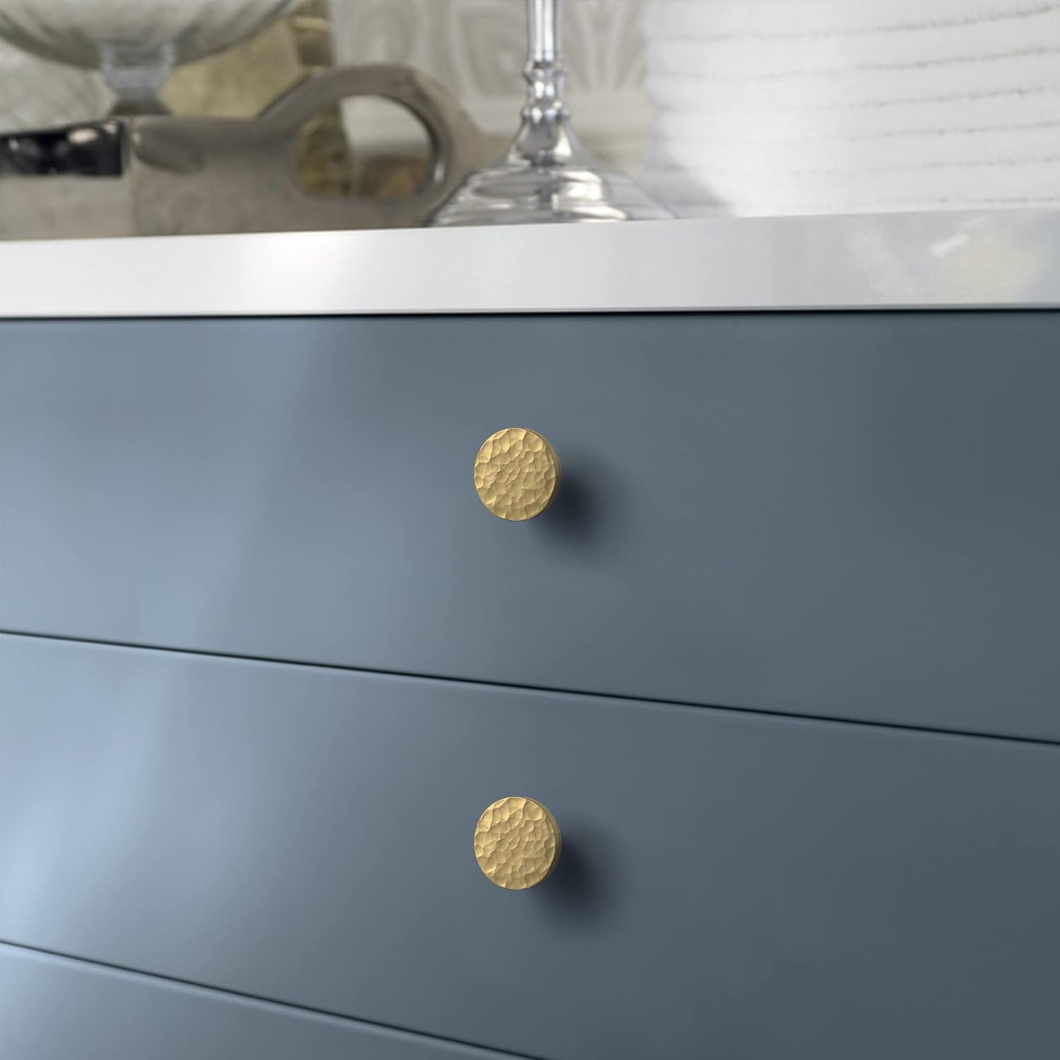 10-Pack Modern Gold Cabinet Knobs, Hammered Solid Brass Drawer Knobs, Round Dresser Drawer Pulls and Handles, Kitchen Cabinet Hardware, Diameter 1-3/16 Inch