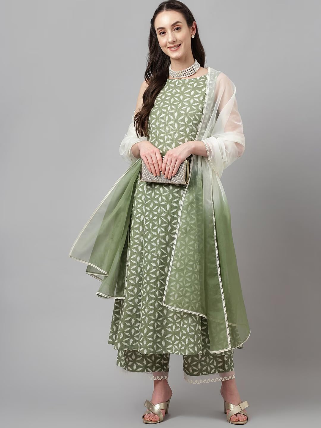 miss fame Women Sleeveless Printed Cotton Kurta with Palazzo and Dupatta - Green
