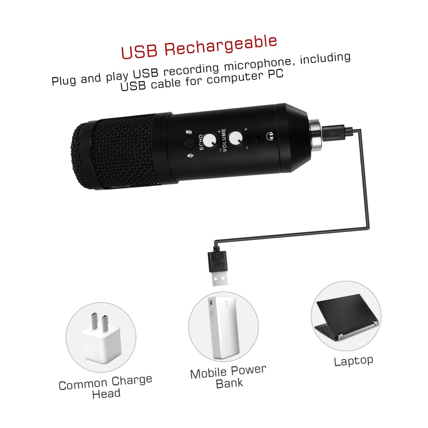 UPKOCH Microphone à Condensateur USB Noir en Alliage pour Enregistrement