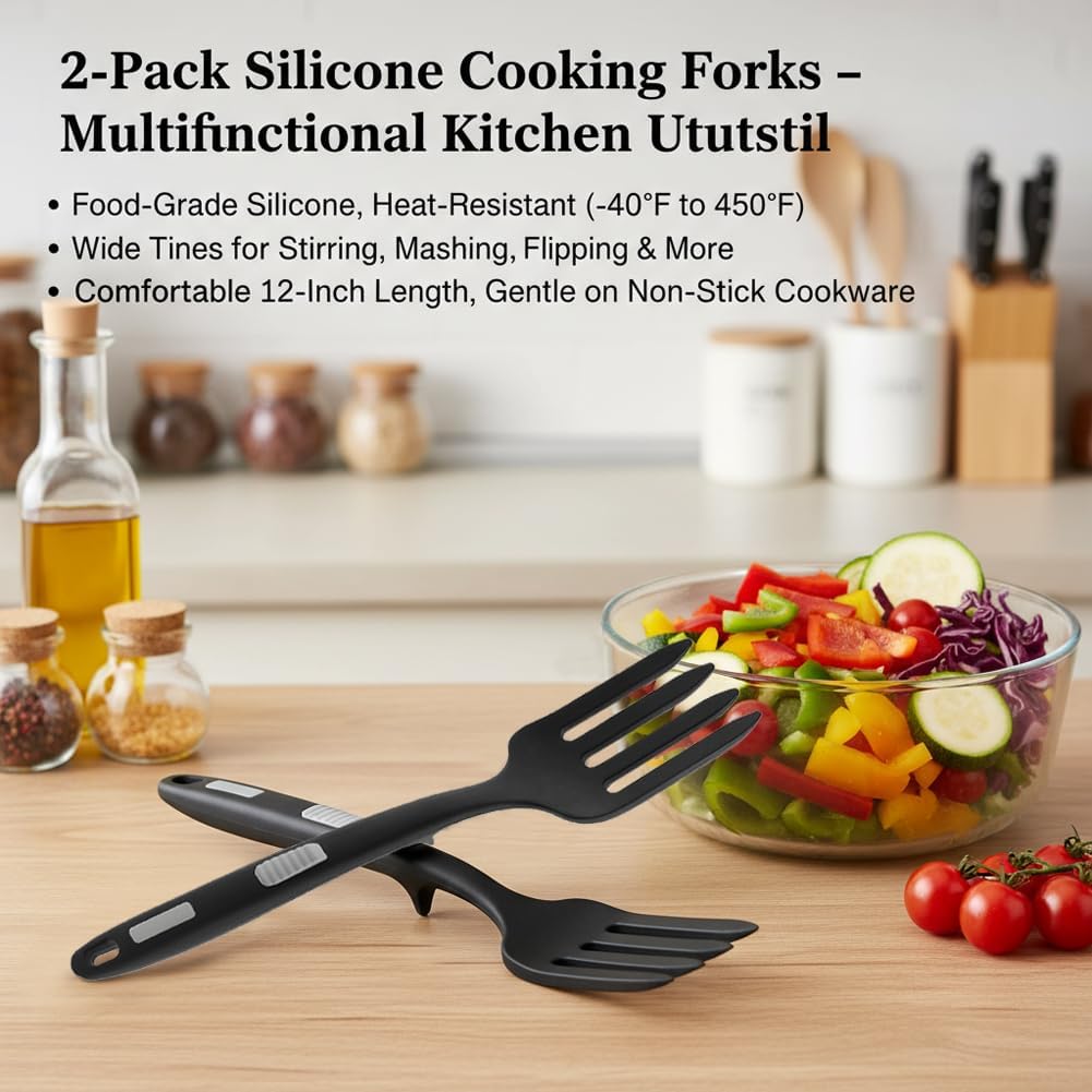 2Pack Silicone Flexible Forks, 11.6 Inch Heat Resistant Silicone Forks for Cooking, Nonstick & Dishwasher Safe Multipurpose Stirring and Mixing Fork for Kitchen(COLOR:Black)