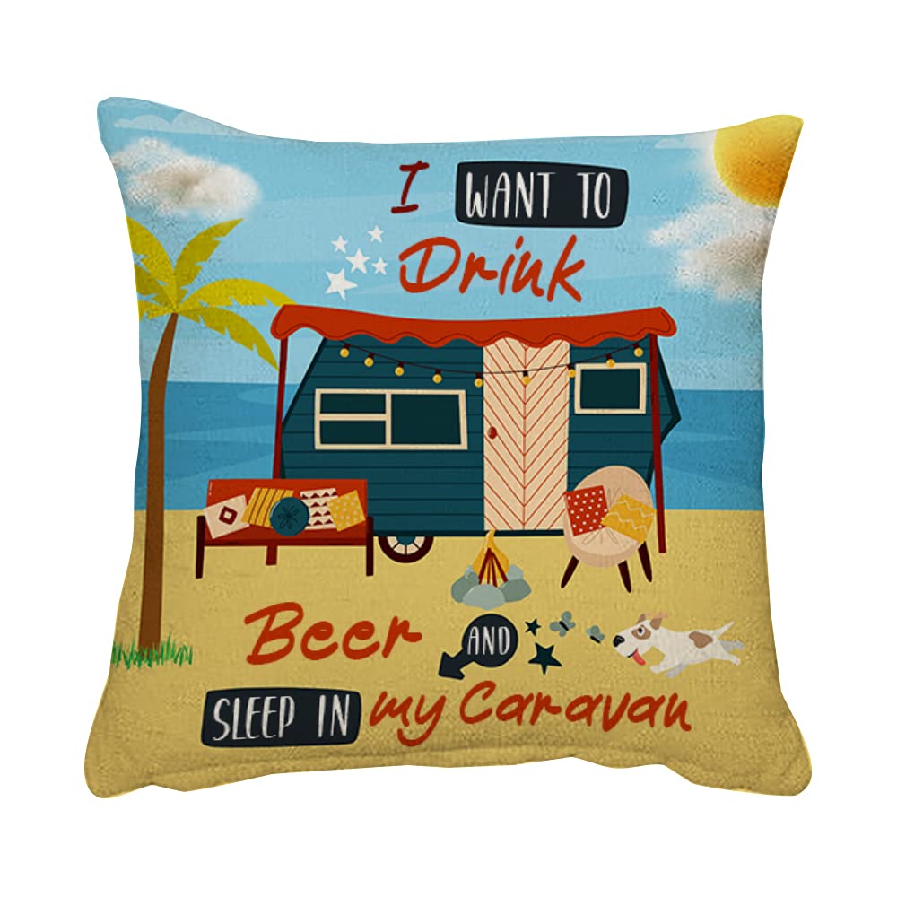 I Want To Drink Beer and Sleep In My Caravan Secret Santa Caravan Gift Birthday present Cushion for Bedroom/Sofa Linen Cushion, Throw Pillow Cushion. (Linen Cushion Cover)