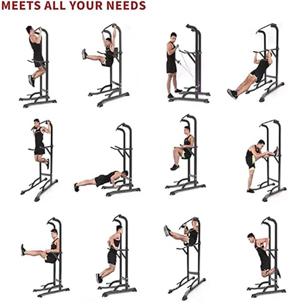 Dip Station Pull Up Bar Power Tower with Drawstrings and rings for Home Gym Strength Training Workout Equipment, 330lbs