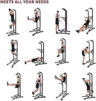 Dip Station Pull Up Bar Power Tower with Drawstrings and rings for Home Gym Strength Training Workout Equipment, 330lbs