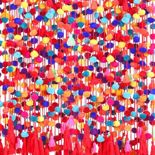 VitalCozy 12 Pcs Mexican Pom Pom Garland Colorful 59 Feet Fiesta Alter Yarn Tassel Day of The Dead Decorations Cinco De Mayo Party Decoration Mexican Tassel Garland Wool Ball Decor