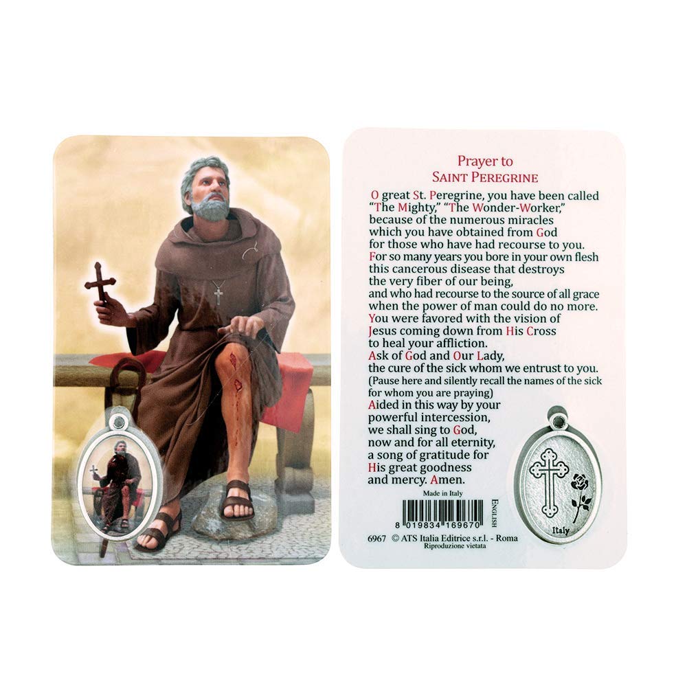 VILLAGE GIFT IMPORTERS Holy Figure Prayer Card with Medal | Saint Prayer and Medal | Choose from 8 Figures (St. Peregrine)