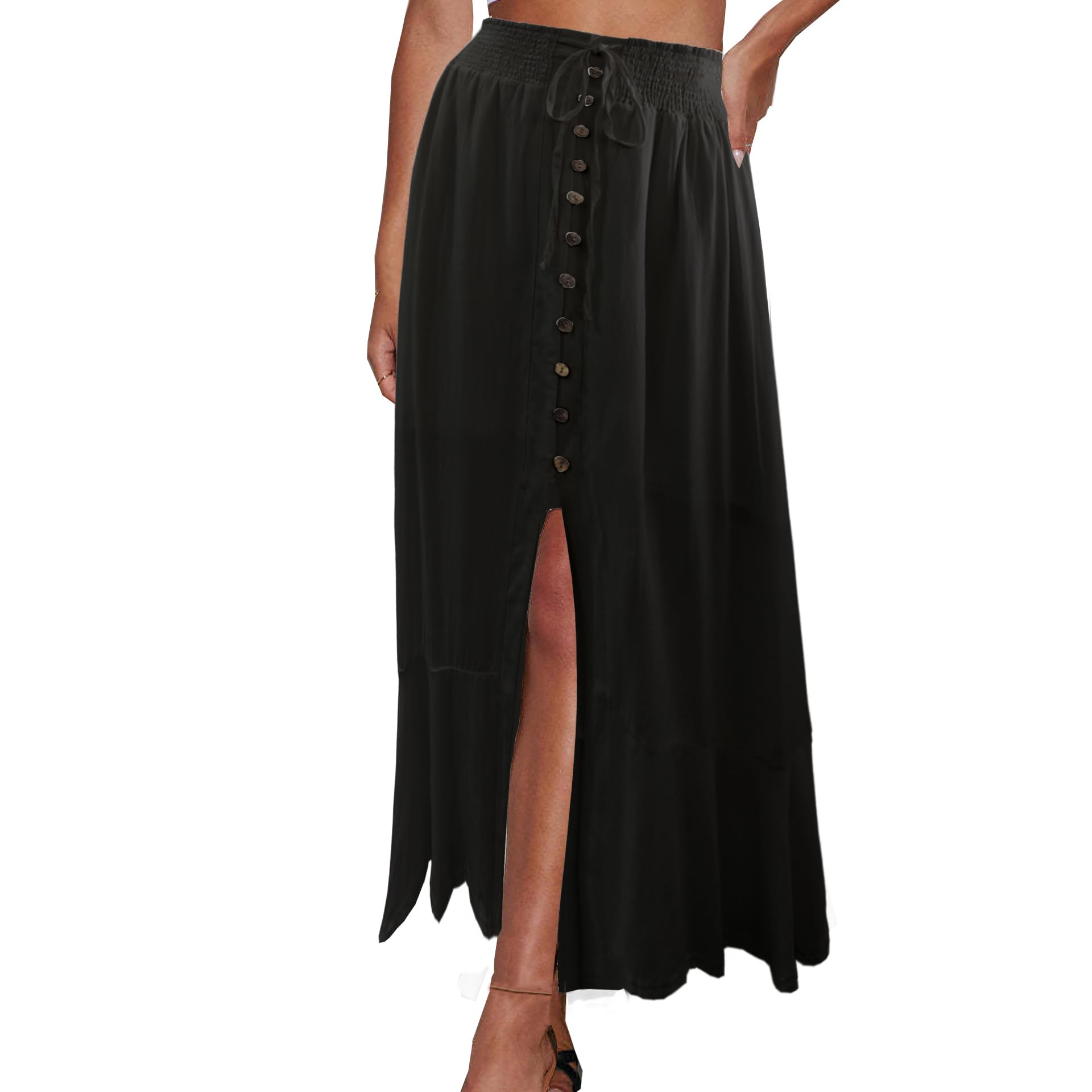 TONCHENGSD Langer Sommerrock für Damen, Schlitz, Baumwolle, elastische Taille, Knopfleiste, Maxirock
