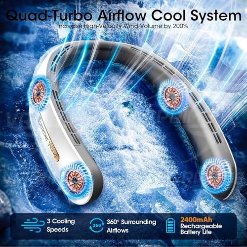 Image of DRIFTX COMBO Portable Neck Fan Hand Fan Rechargeable | Neck Fan for Kitchen Women | 4 Turbo Motor 3 Speed Low Noise Motors (White, 2400mAh)
