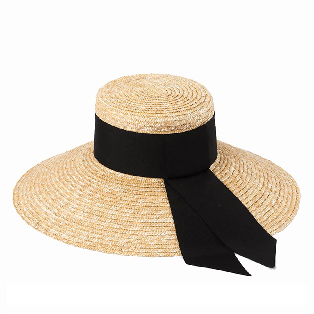 Rfmfkkg Sombrero de paja de ala grande con lazo ancho para mujer, con lazo y parte superior plana, sombrero de paja natural