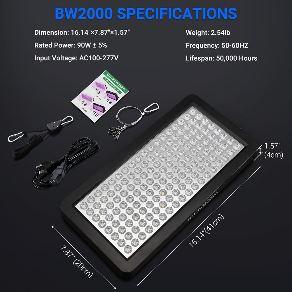 Ulepszone lampy LED BW2000, podwójne chipy, pełne spektrum z kablem 3 m, do szklarni i roślin domowych, do uprawy warzyw i kwiatów, czarne