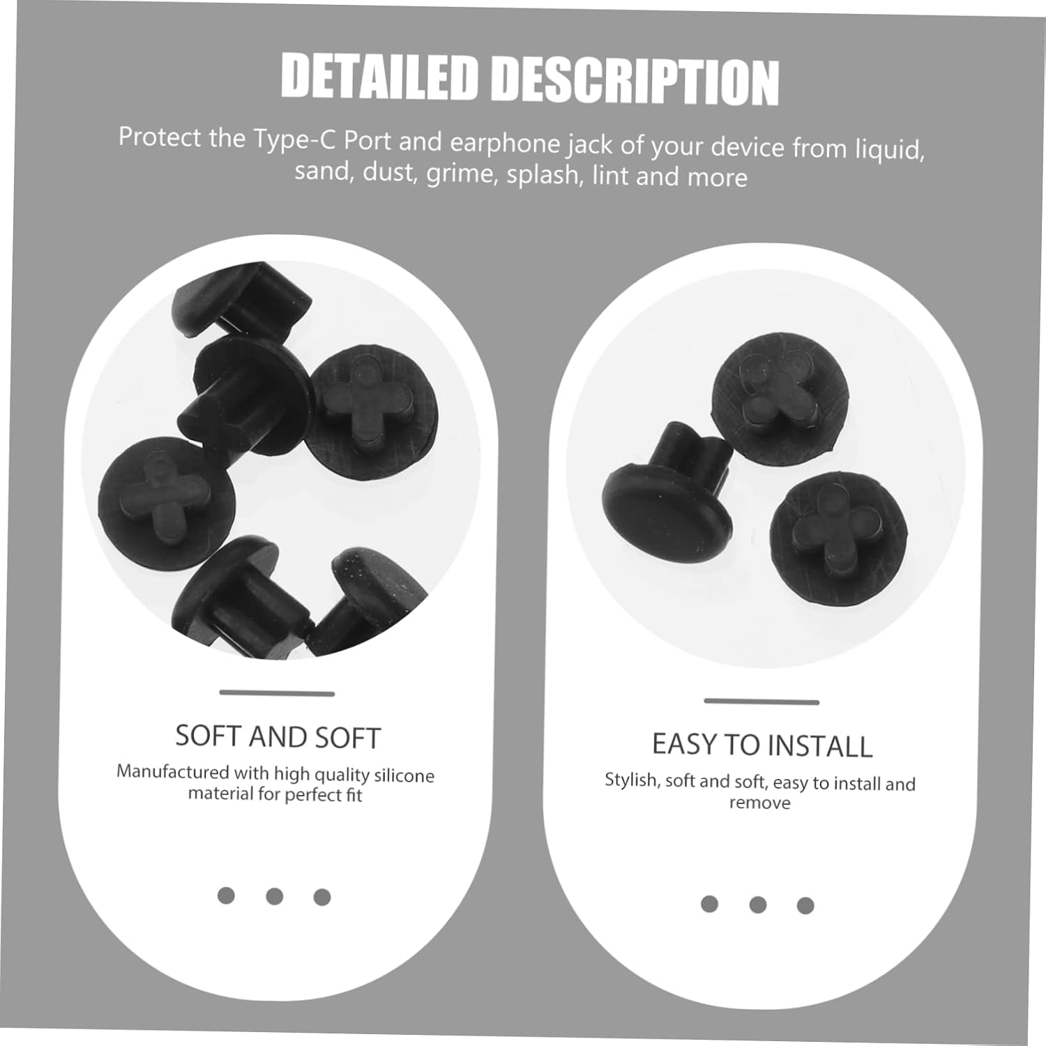 10 Pairs USB-C and 3.5mm Dust Plug Set, Silicone Port Protectors Compatible for Android Phones and Laptops, Dust-Filtering Cap Kit for Type-C Charging Port and Headphone Jack, Black
