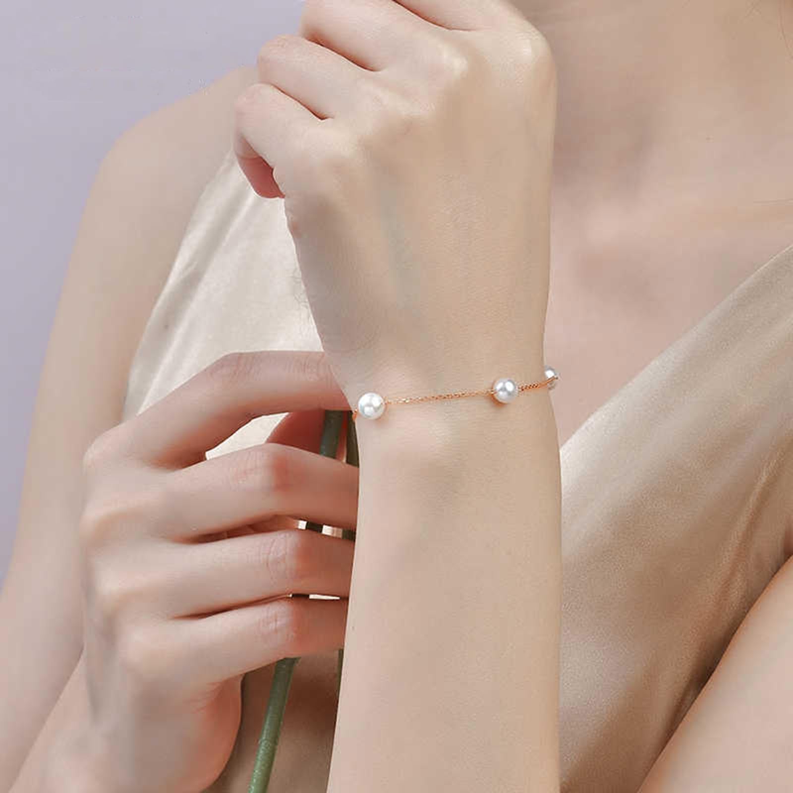 Pulseras de oro rosa para mujer, perlas de oro rosa de 5.5-6 mm, pulseras de hermana mayor para mujer