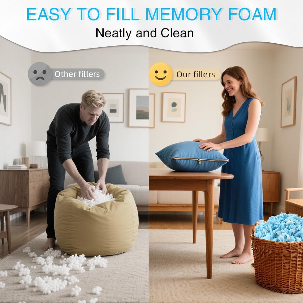 Hem Dgpsy Shredded Memory Foam Filling - Premium Soft Bean Bag Filler, 5lbs Blue & White Pillow Stuffing for Couch Cushion, Dog Bed, Chair - High Density, No Chemical Smell, Easy to Use - Image 3