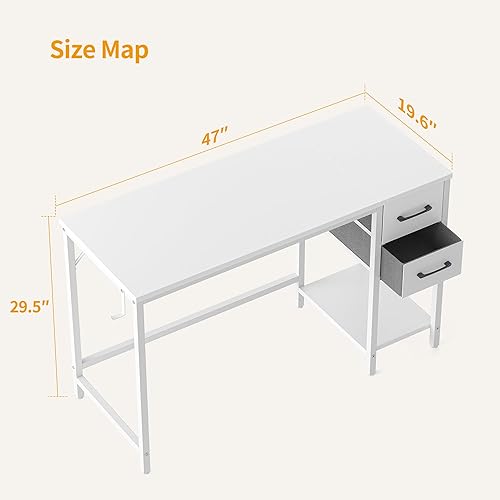 Miniatura 3 de CubiCubi Escritorio para computadora en casa con 2 cajones, escritorio pequeño blanco de 47 pulgadas, mesa de estudio, escritorio moderno y simple