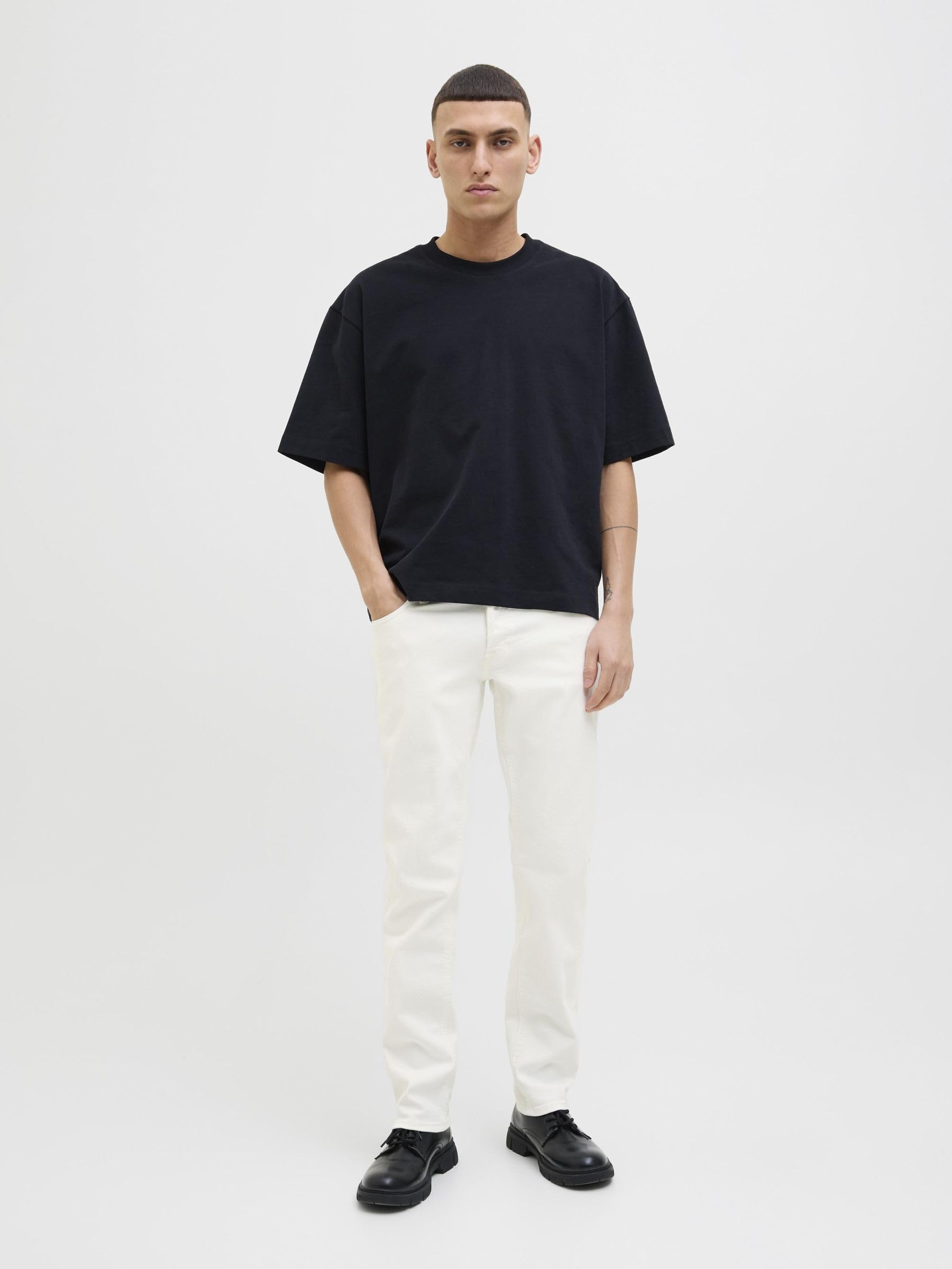 JACK & JONES Mens Slim Fit Jeans, Low Rise Stretch Denim Trousers for Men, White Colour, UK Size - W28 to W36