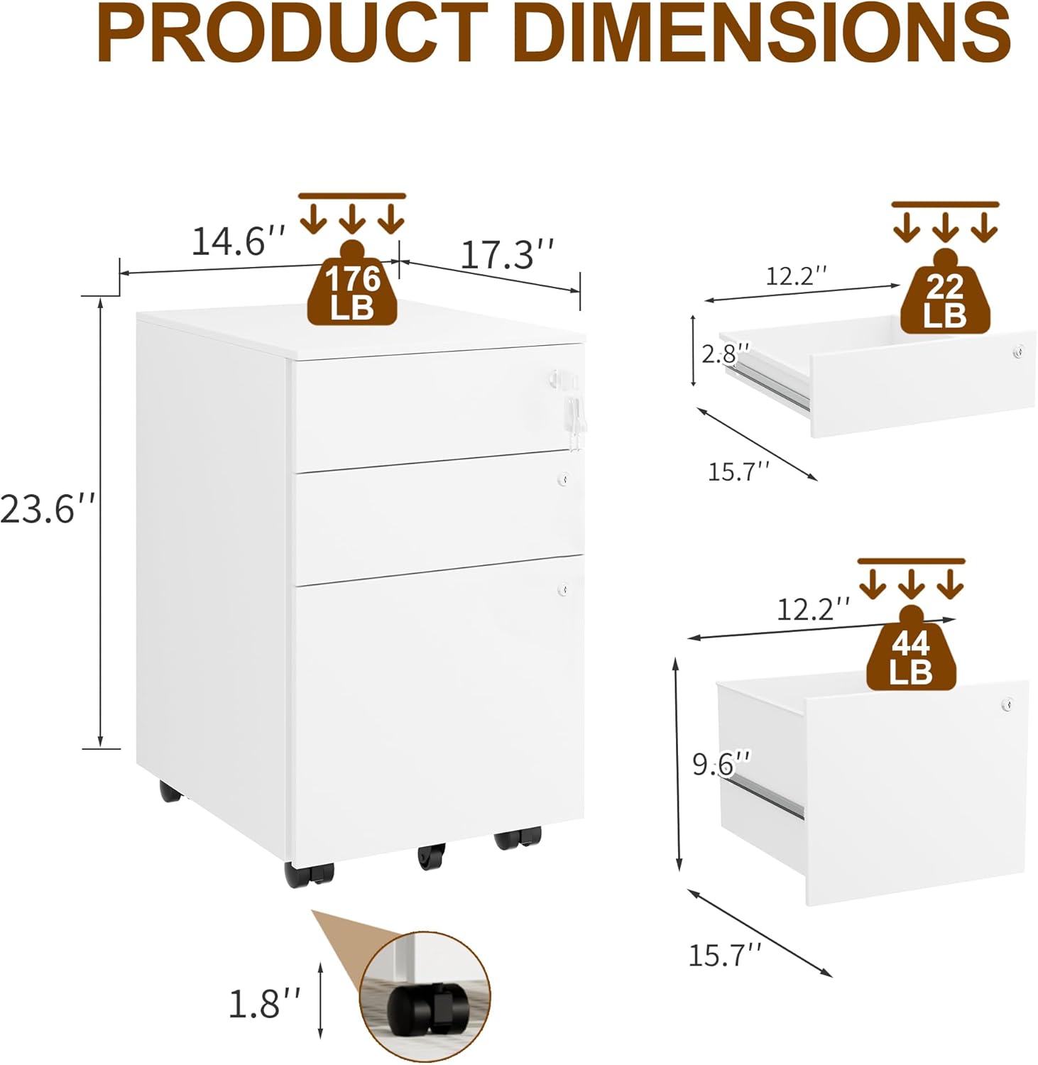 3 Drawers File Cabinet with 3 Lock, Mobile Metal Filing Cabinet, Fully Assembled Except Casters, for Home Office, for A4, Letter, Legal File Folders, White