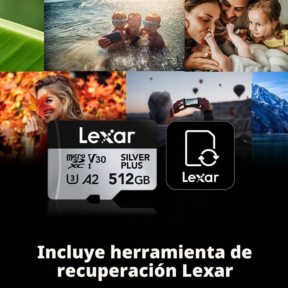 Lexar Tarjeta de Memoria microSDXC Professional Silver Plus 512 GB UHS-I C10 U3 V30 Full-HD 4K, 205/150 MB/s, para videógrafos, Jugadores