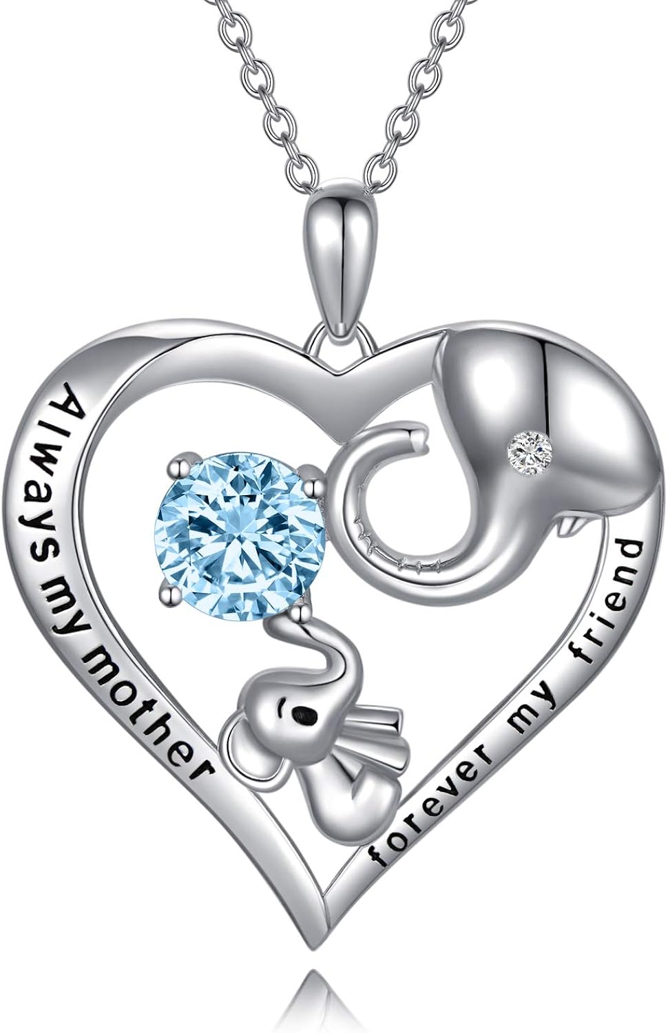 Mum Necklace Sterling Silver Love Heart Lucky Elephant Necklace with Birthstone Crystals