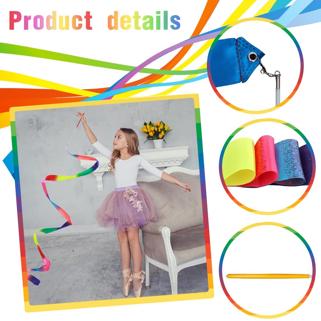 Lot De 2 Rubans De Danse Arc-en-ciel Et Rose – 2 Mètres, Pour Gymnastique Et Spectacles Enfants