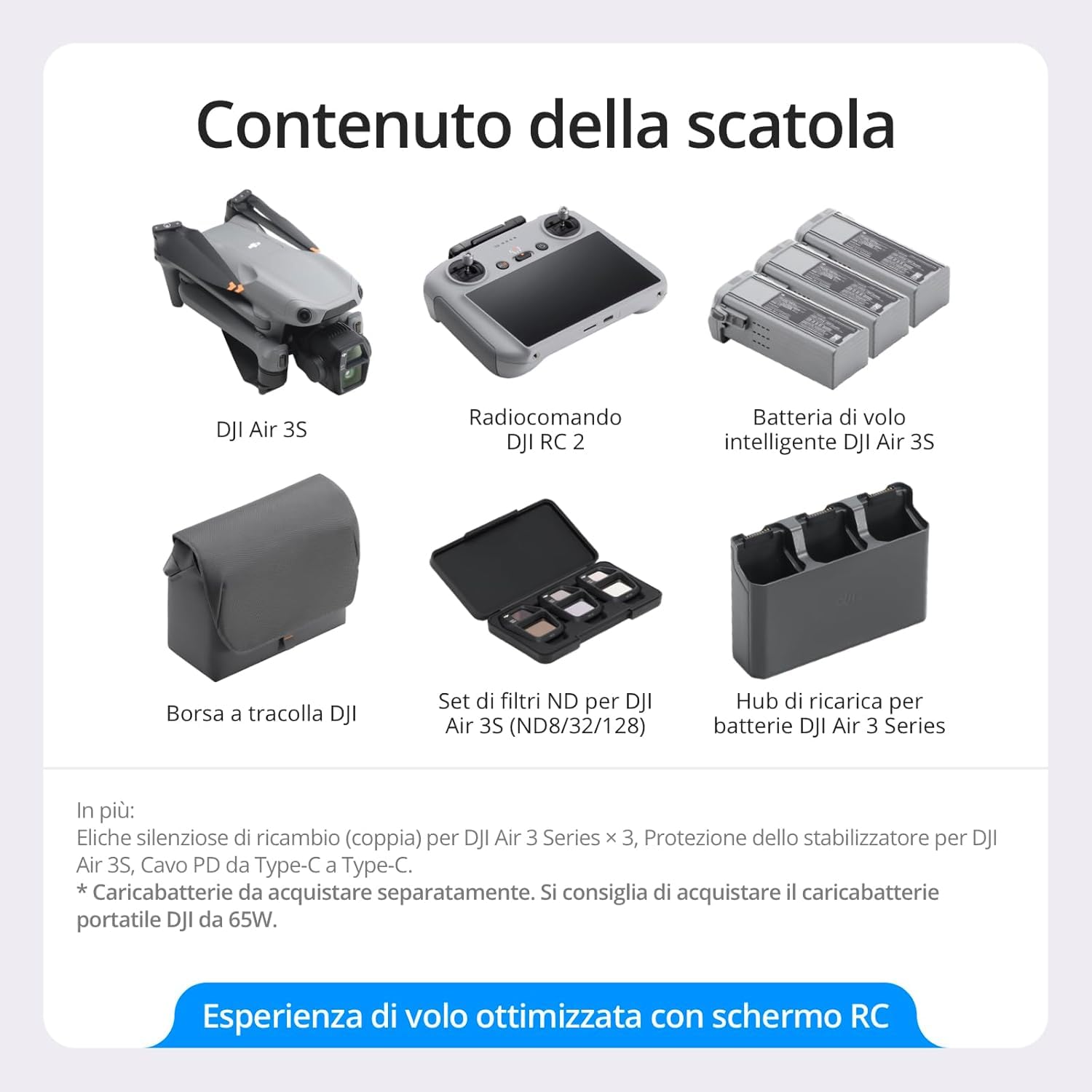 DJI Air 3S Fly More Combo (DJI RC 2) con Molteplici Accessori, Drone con Doppia Fotocamera 4K, CMOS 1" Grandangolo, Video HDR 4K/60fps, 14 Stop Gamma Dinamica, Autonomia 45 Min, Trasmissione 20 km