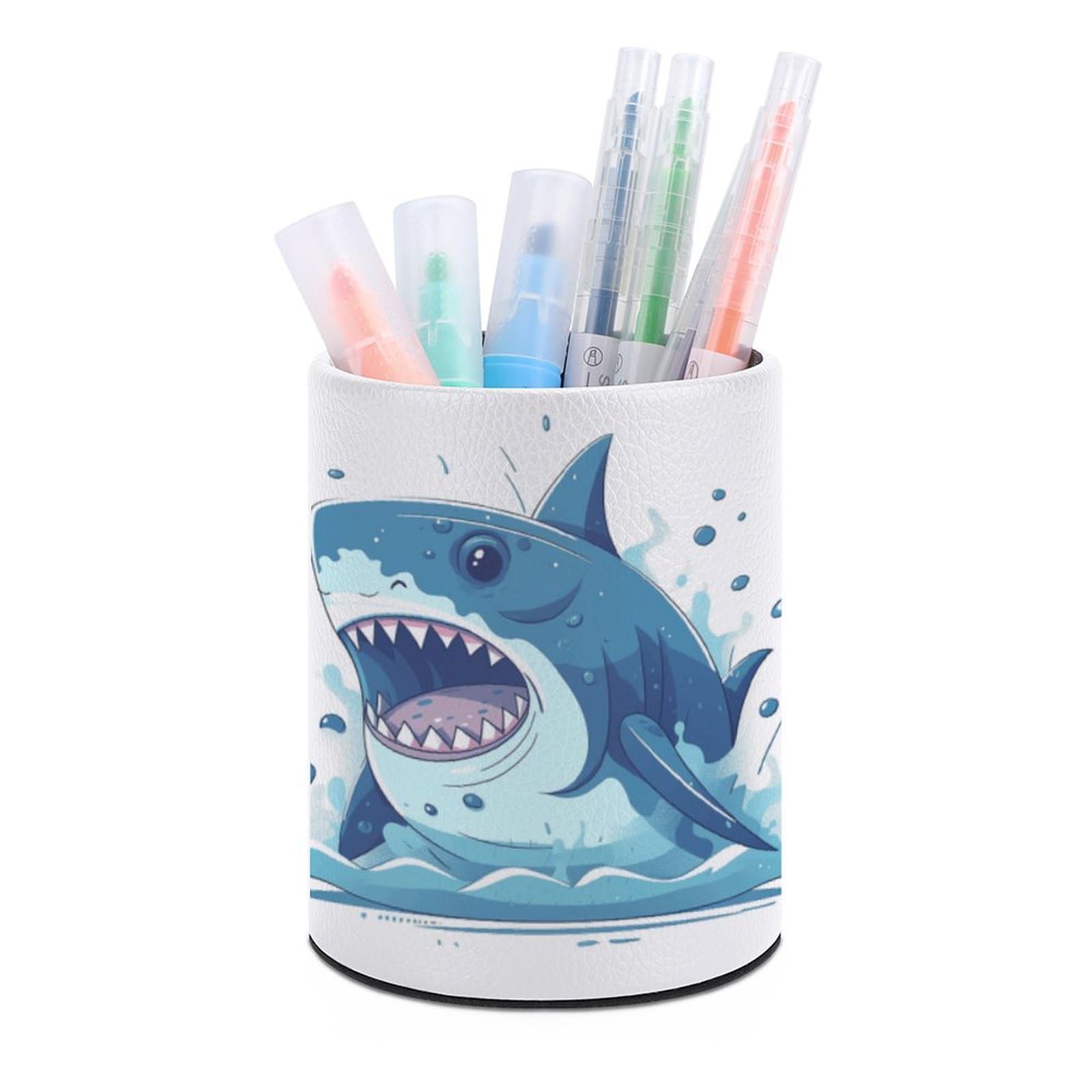 JTREHY - Cartoon Shark Round Pen Holder Storage Box for Home Office Dresser