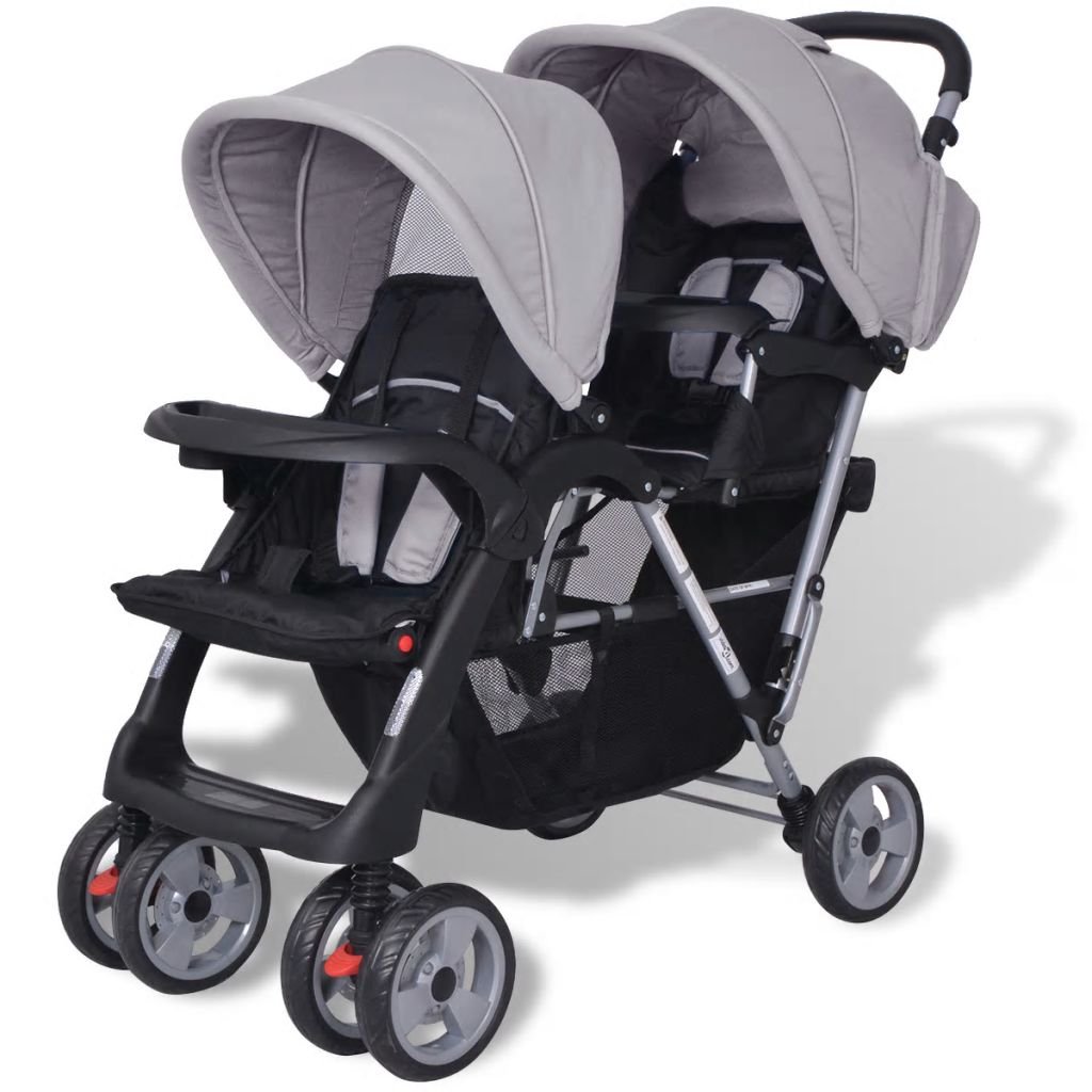 Passeggino Gemellare a Tandem, con tettoie anteriori e posteriori, ruote girevoli 360° e bloccabili, cestino ampio, acciaio e tessuto Oxford, 122,5 x 53,5 x 111 cm, per bambini da 6 a 36 mesi
