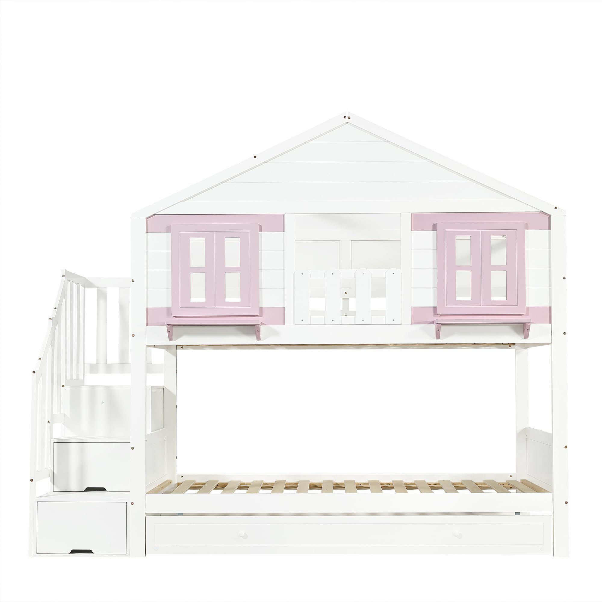 Letto a castello 90 x 200 cm, letto in legno con finestra e tetto, letto per ragazzi con letto pieghevole (senza materasso) bianco+rosa