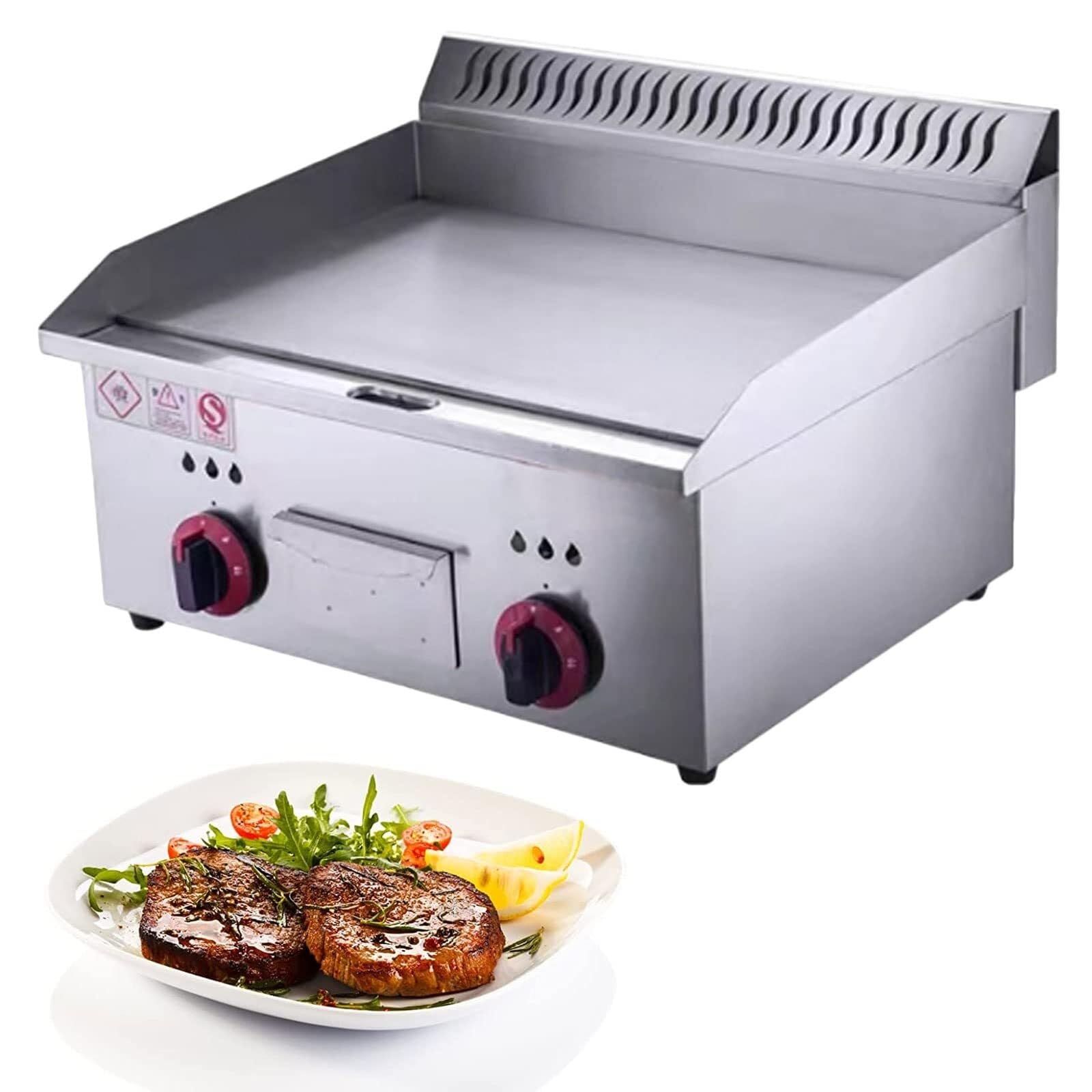 Gas Griddle Commercial Stainless Steel Heavy Duty Restaurant Outdoor with Double Burners, Smooth Baking Plate for BBQ, Steak, Eggs, Pancakes