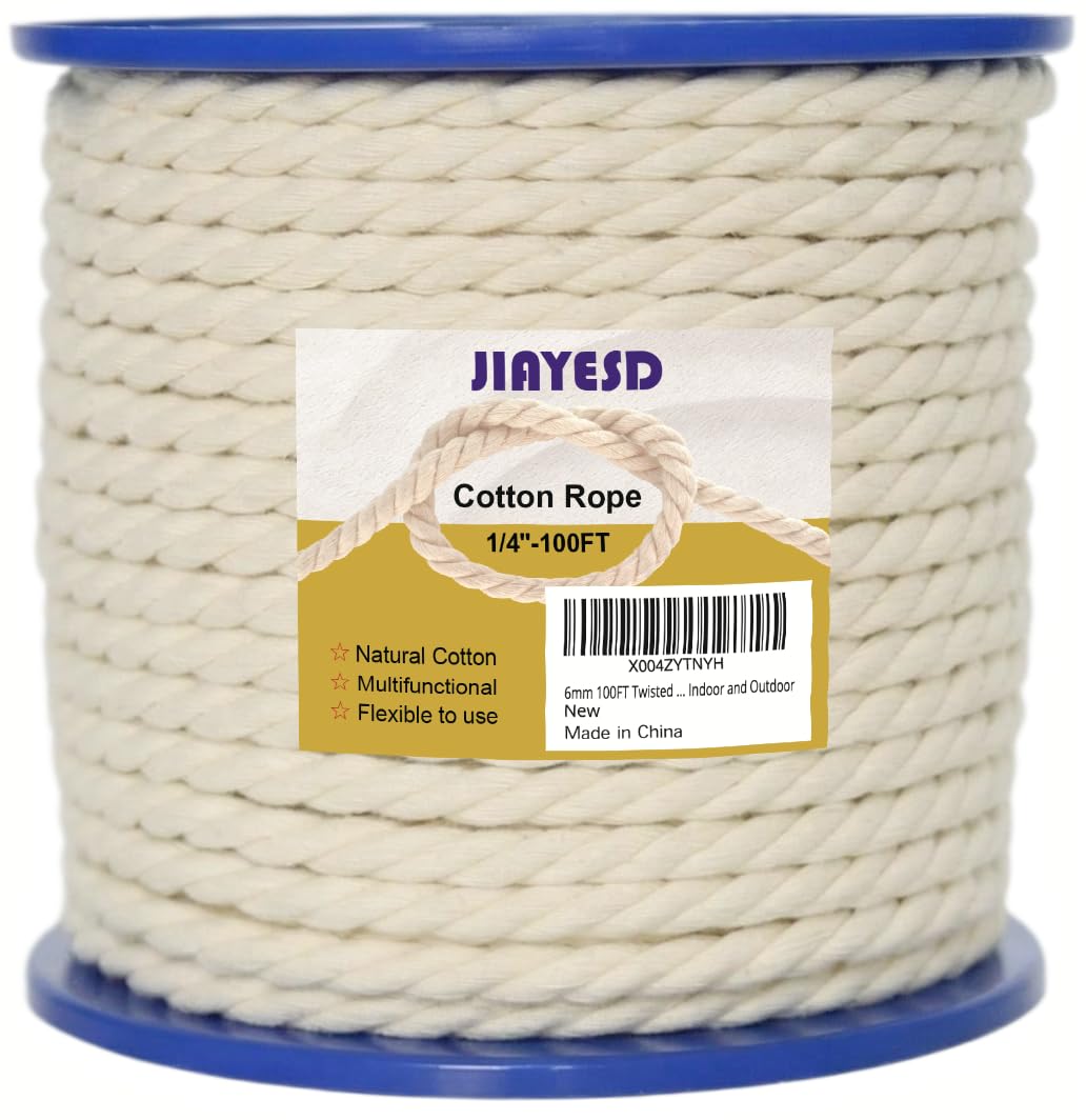 Photo 1 of 1/4 INCH 100FT Cotton Rope - Soft Natural Cotton Twisted Cord, Durable & Flexible Craft Rope for DIY Decoration Pet Toys, Gardening & Packing, Indoor and Outdoor
